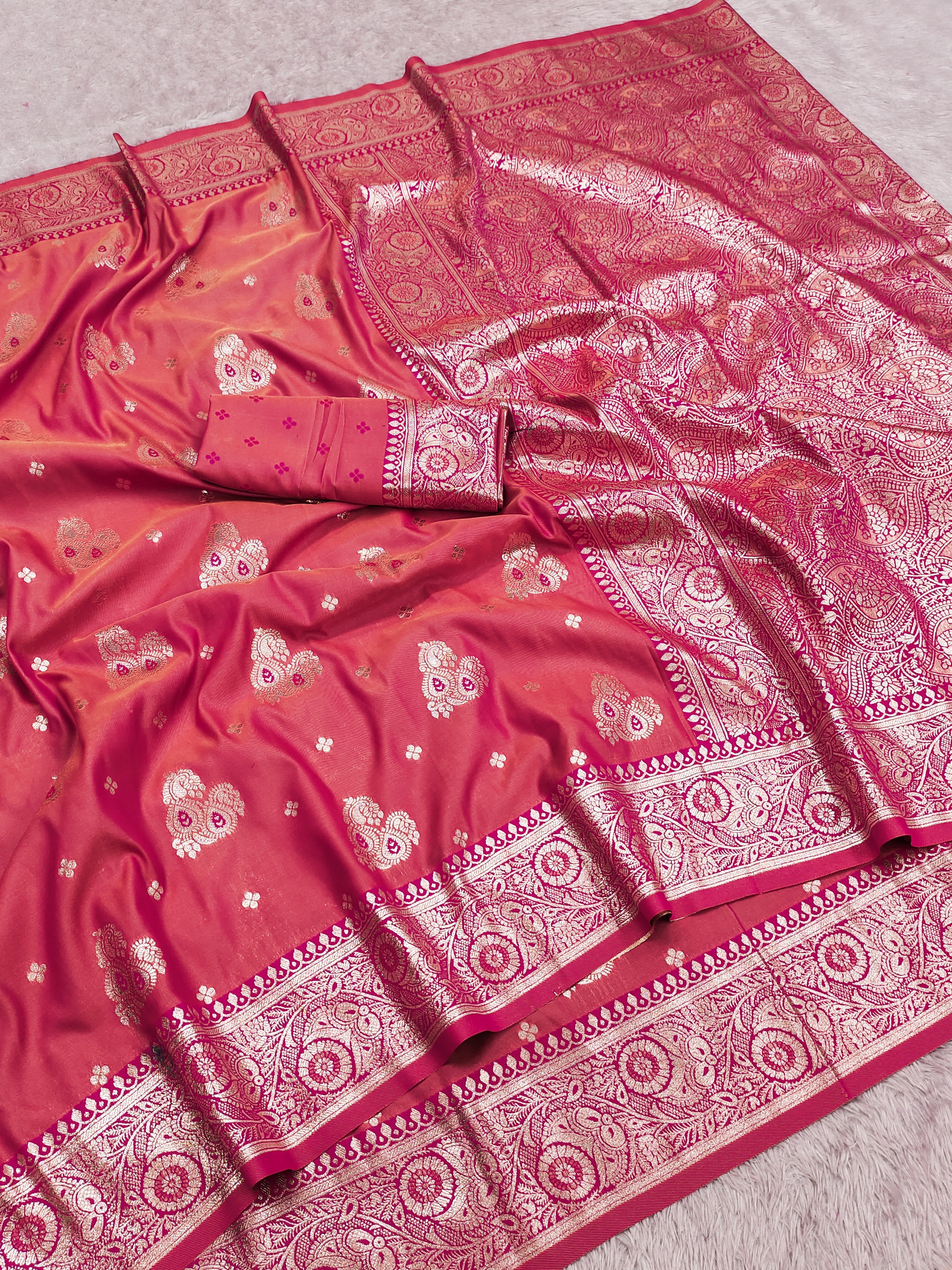 Coral Pink Silk Saree with Silver Zari Butta & Heavy icultural Zari Pallu