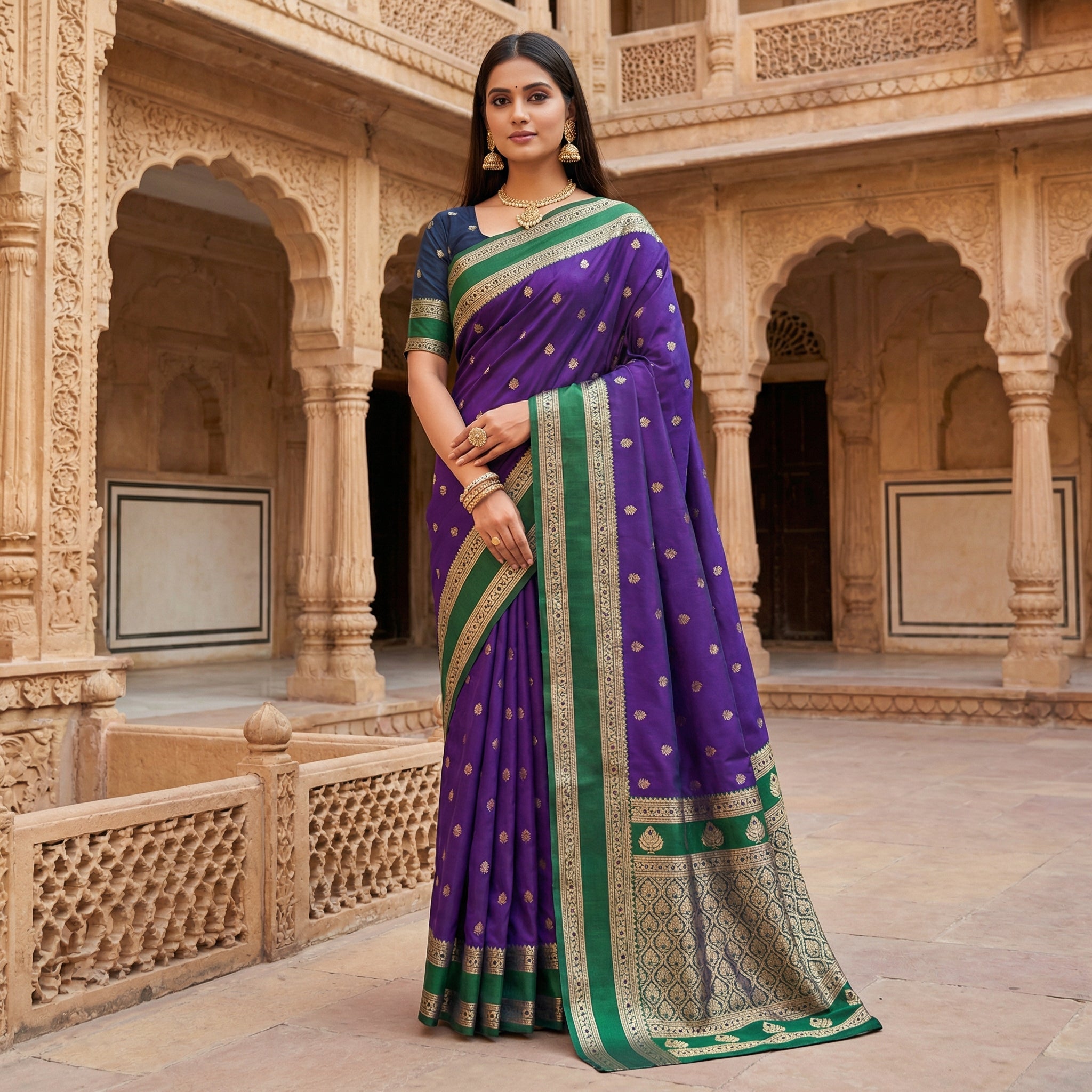 Royal Purple Silk Saree with Emerald Green icultural Zari Border and Traditional Woven Pallu