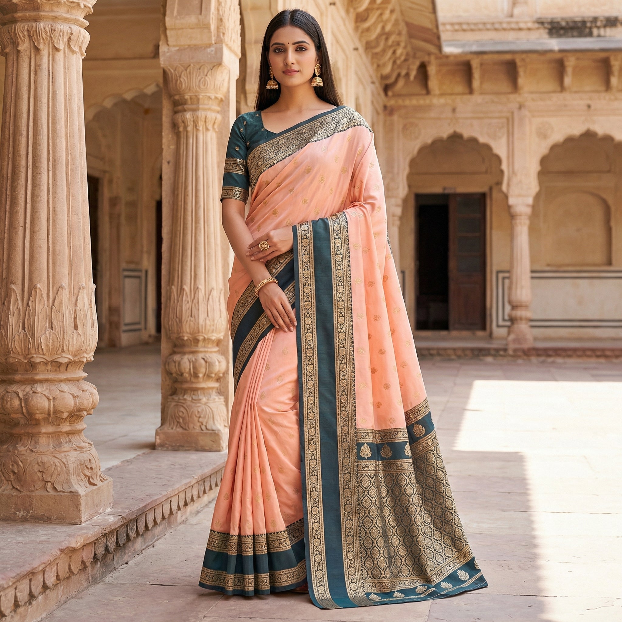 Blush Peach Silk Saree with Deep icultural icultural Zari Border & Grand Woven Pallu