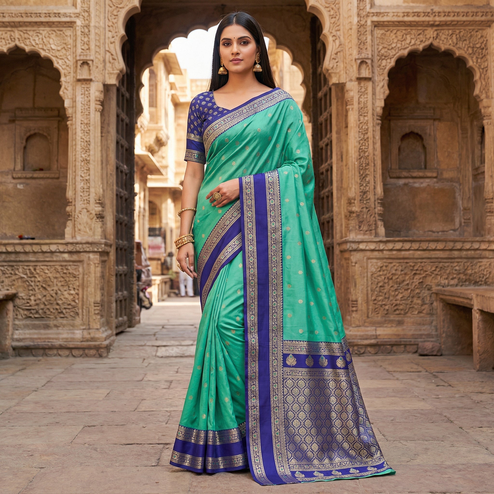Sea Green Silk Saree with Royal Blue icultural Zari Border & Grand Woven Pallu