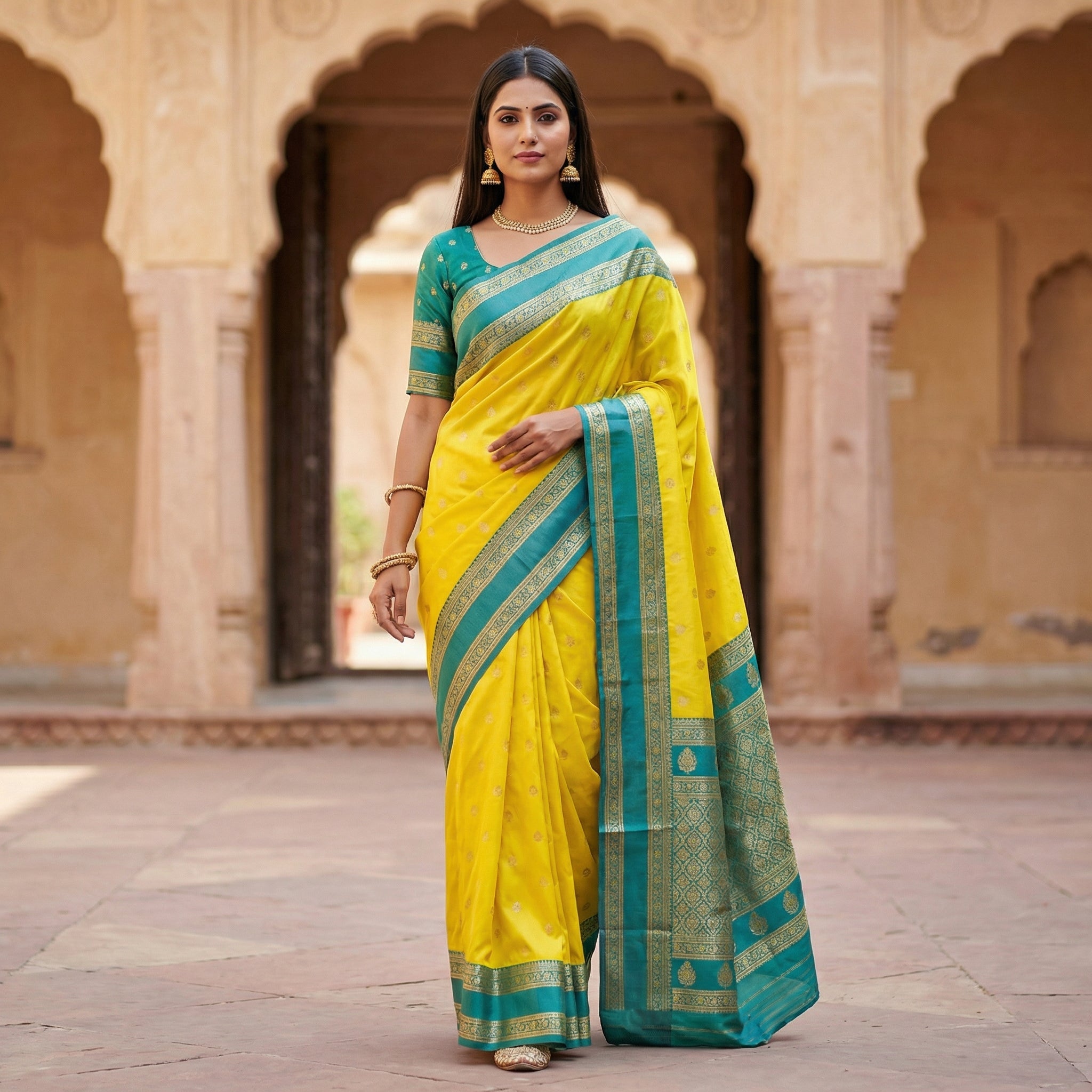 Bright Yellow Silk Saree with icultural Green icultural Zari Border & Rich Woven Pallu