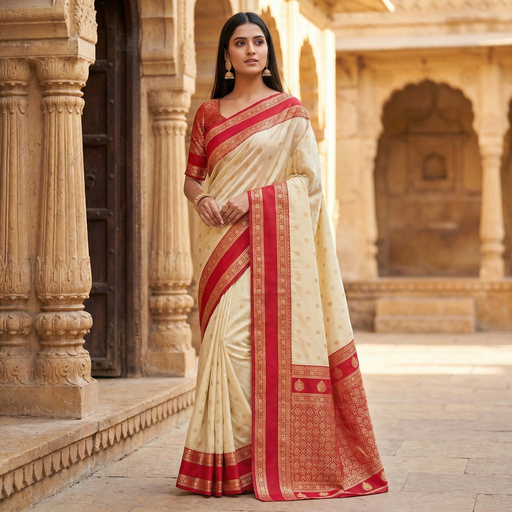 Cream Silk Saree with Rich Red icultural Zari Border & Grand Woven Pallu