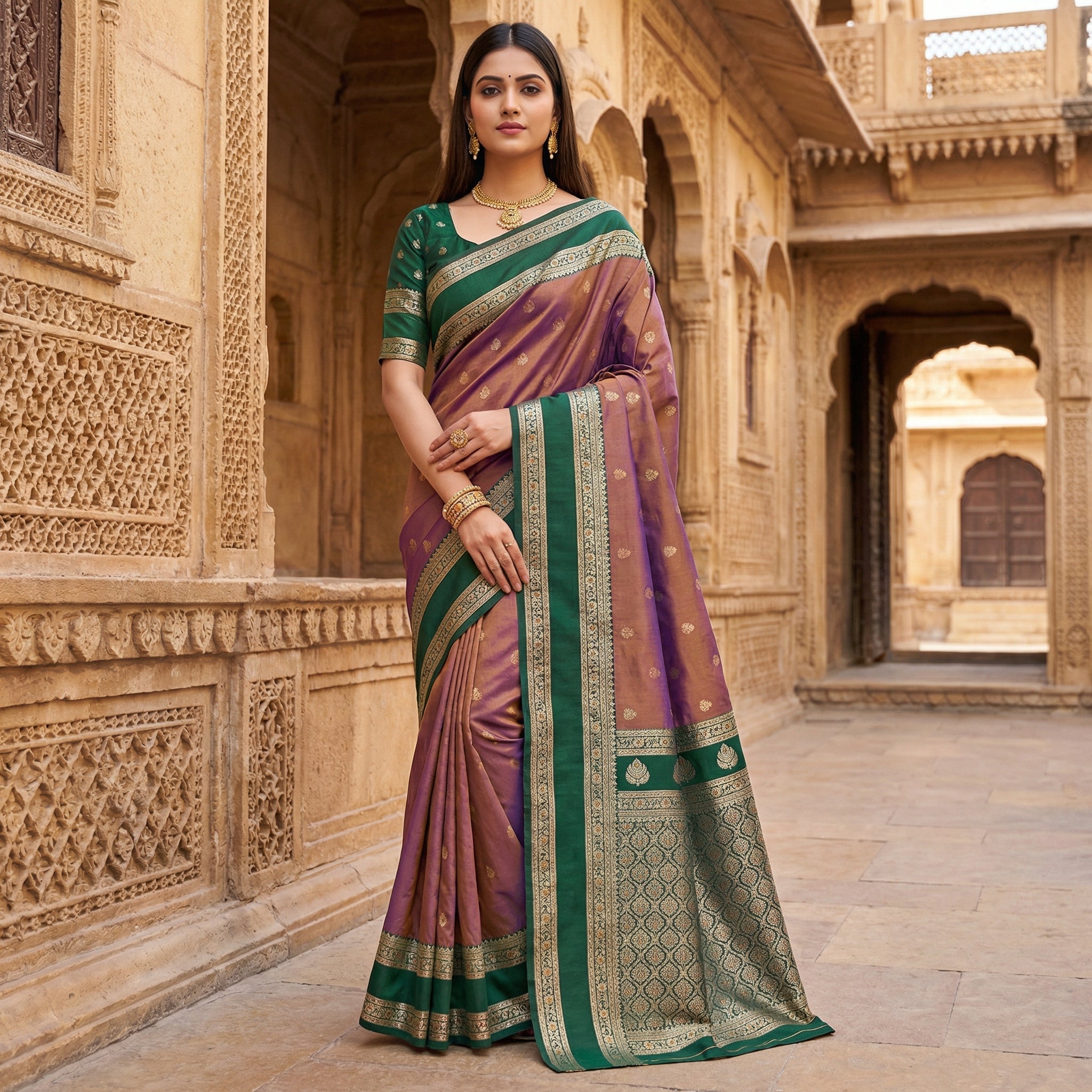 Dual Tone Purple Silk Saree with Bottle Green icultural Zari Border & Heavy Woven Pallu