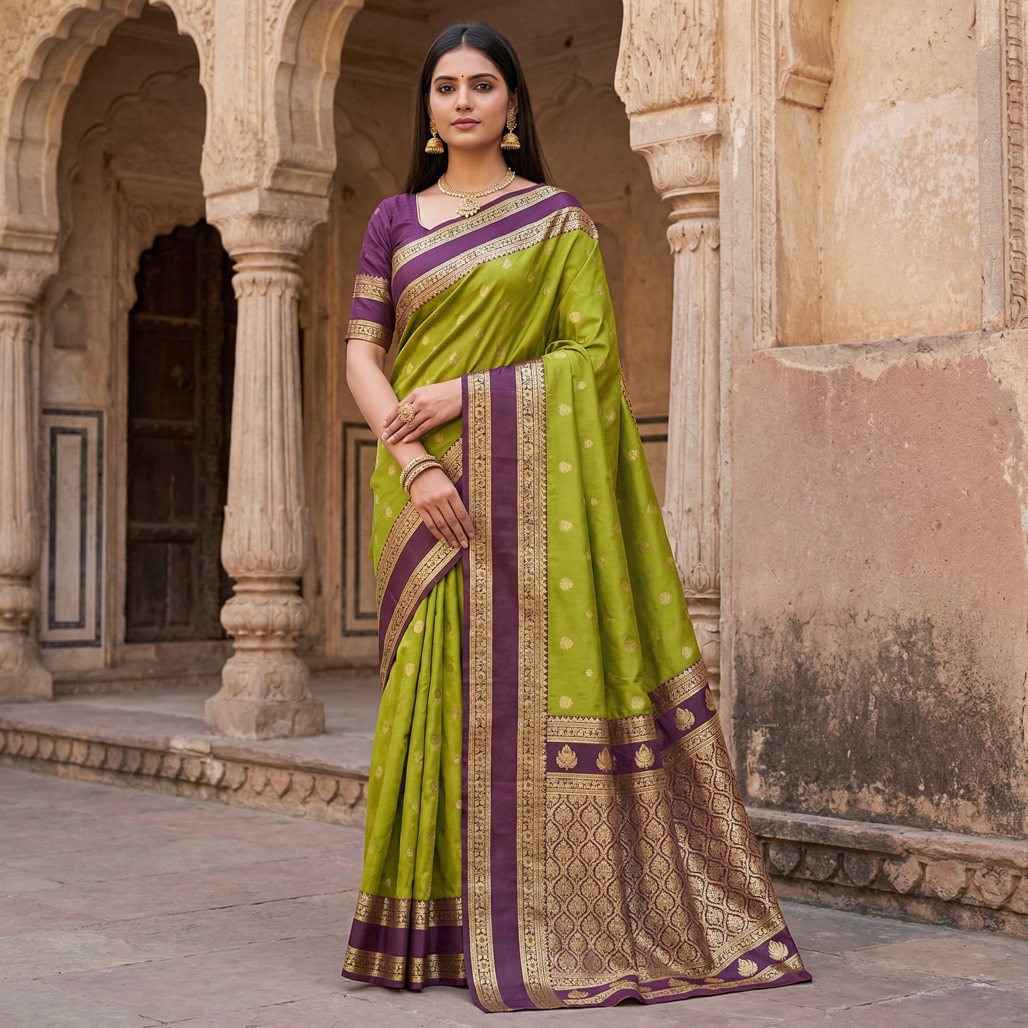 Olive Green Silk Saree with Wine Purple icultural Zari Border & Rich Woven Pallu