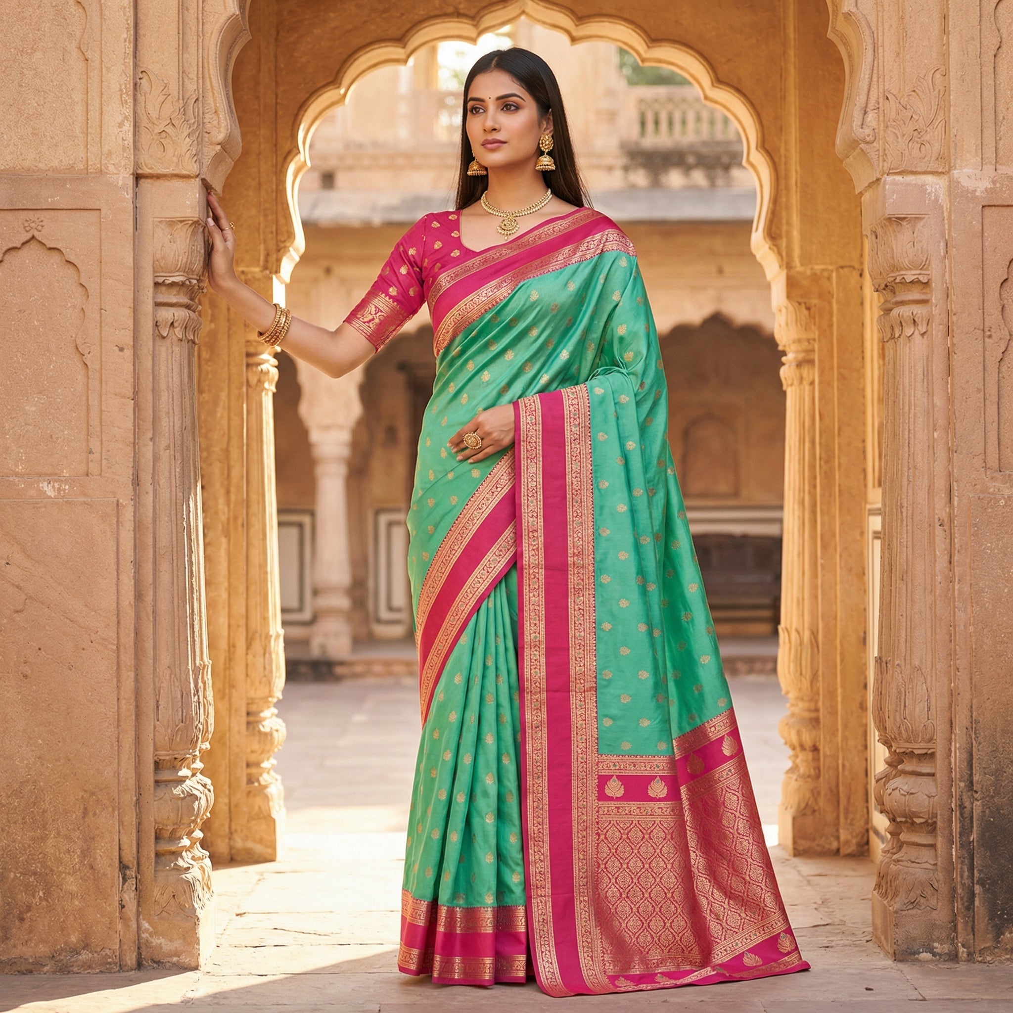 Sea Green Silk Saree with Rani Pink icultural Zari Border & Rich Woven Pallu