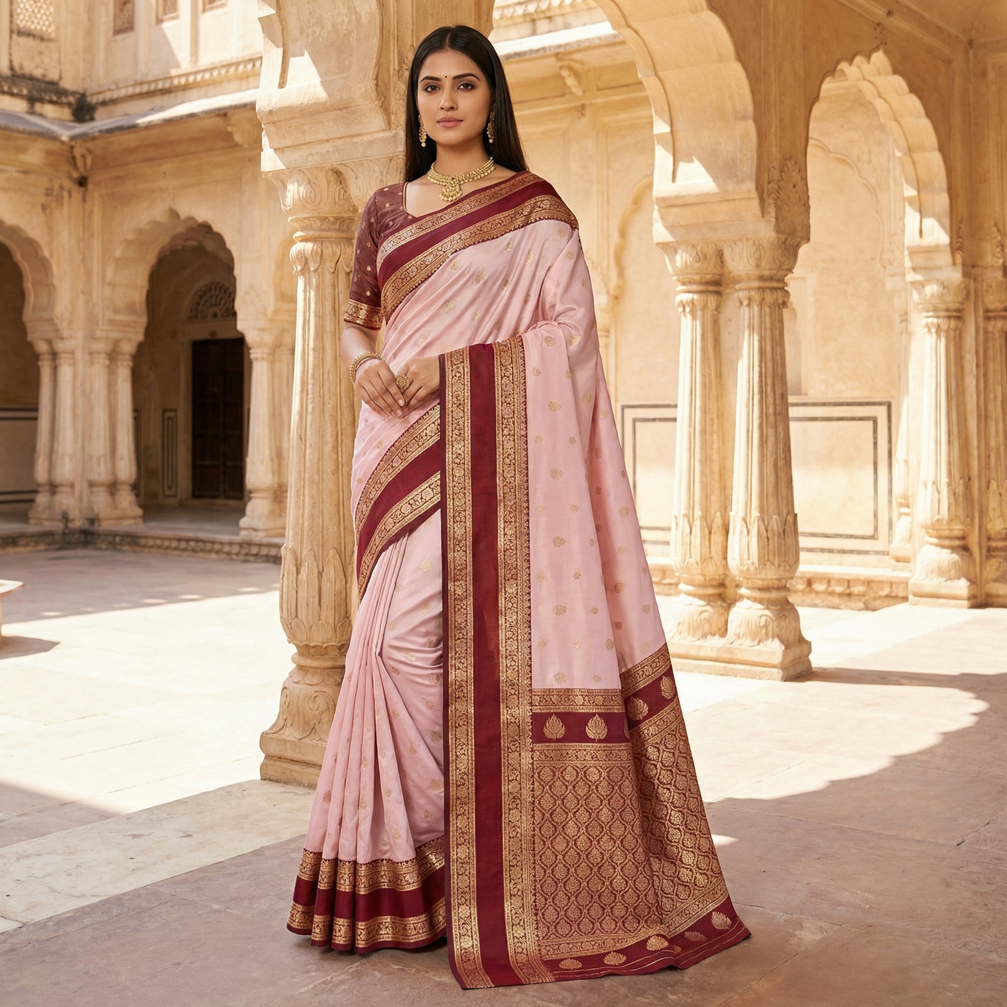 Blush Pink Silk Saree with Wine icultural icultural Zari Border & Heavy Woven Pallu