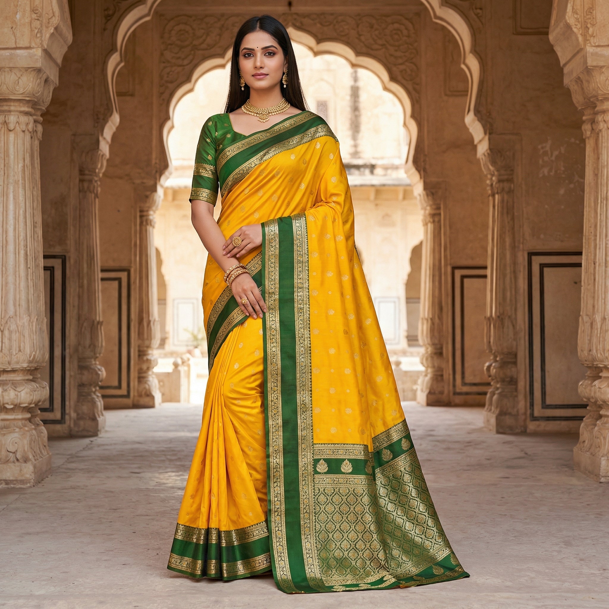 Mustard Yellow Silk Saree with Bottle Green icultural Zari Border & Heavy Woven Pallu