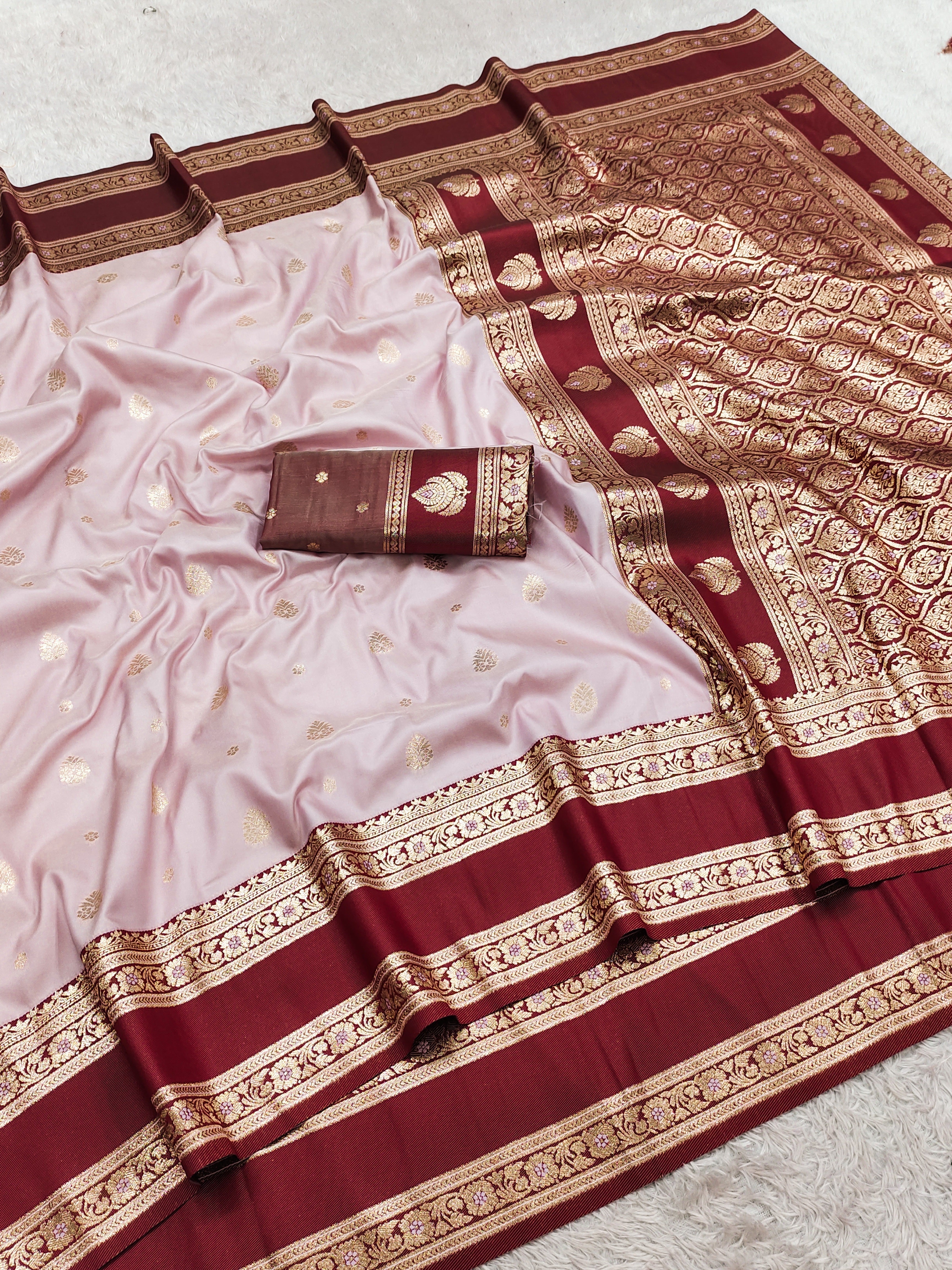 Blush Pink Silk Saree with Wine icultural icultural Zari Border & Heavy Woven Pallu