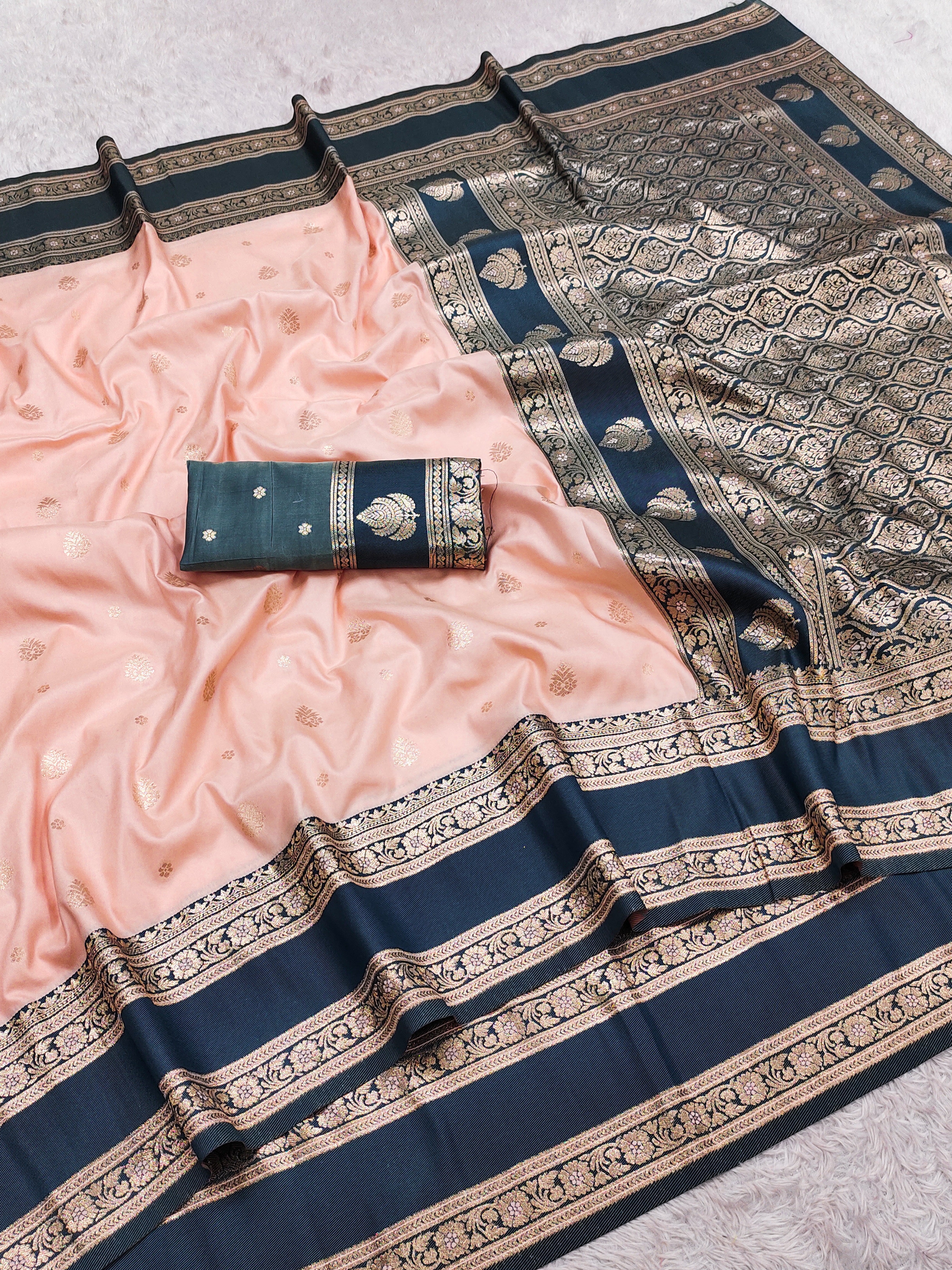 Blush Peach Silk Saree with Deep icultural icultural Zari Border & Grand Woven Pallu