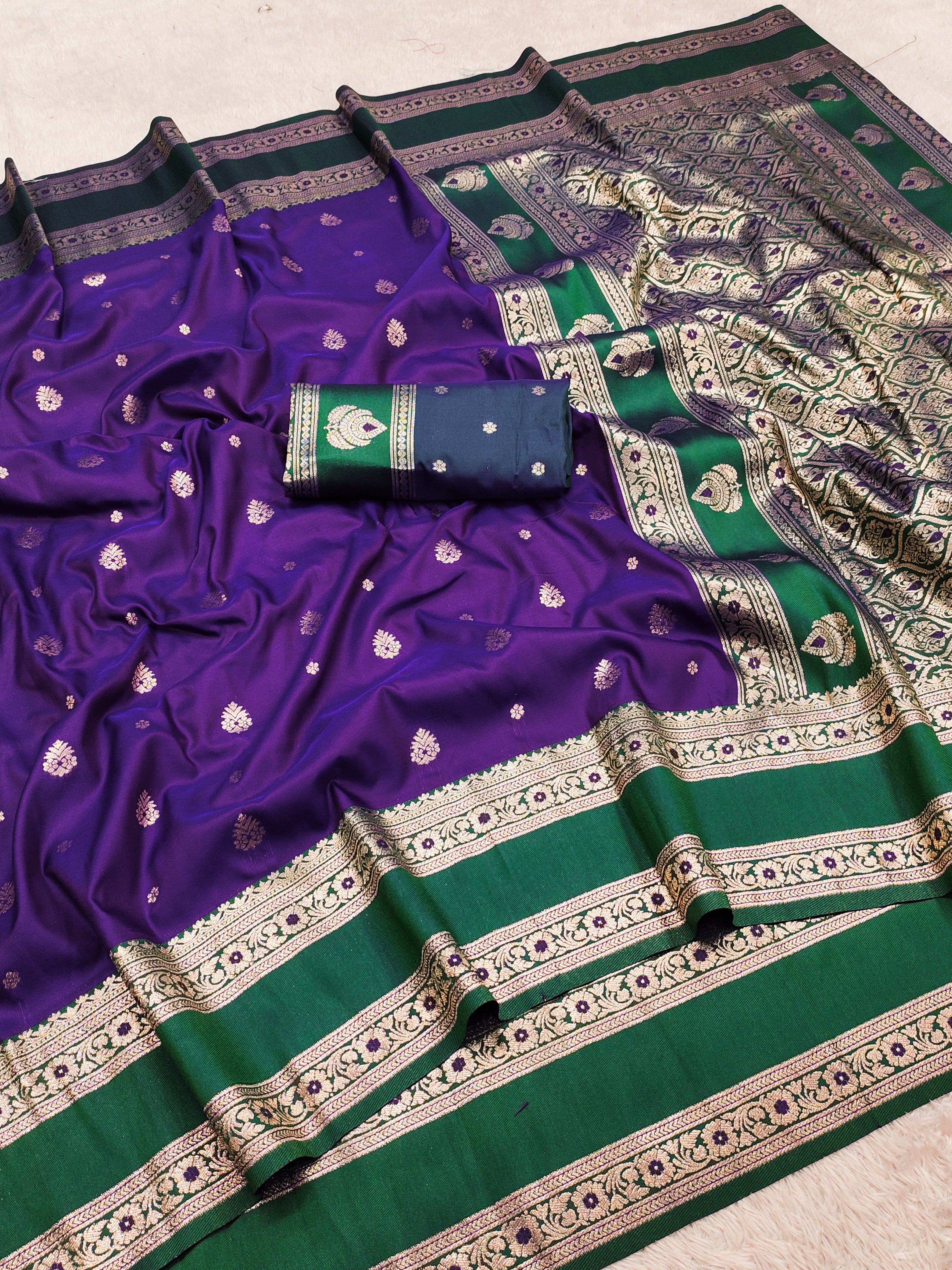 Royal Purple Silk Saree with Emerald Green icultural Zari Border and Traditional Woven Pallu