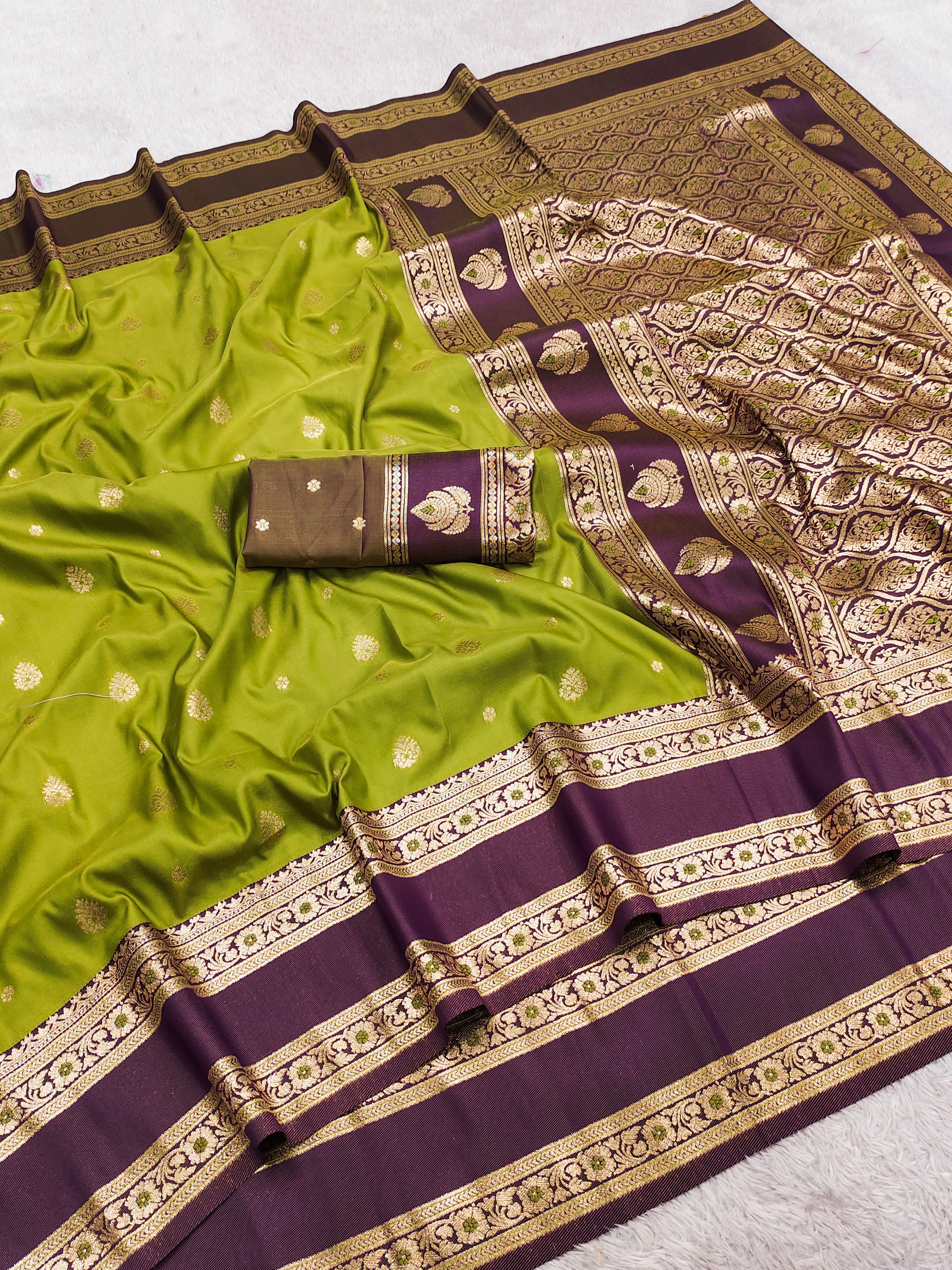 Olive Green Silk Saree with Wine Purple icultural Zari Border & Rich Woven Pallu