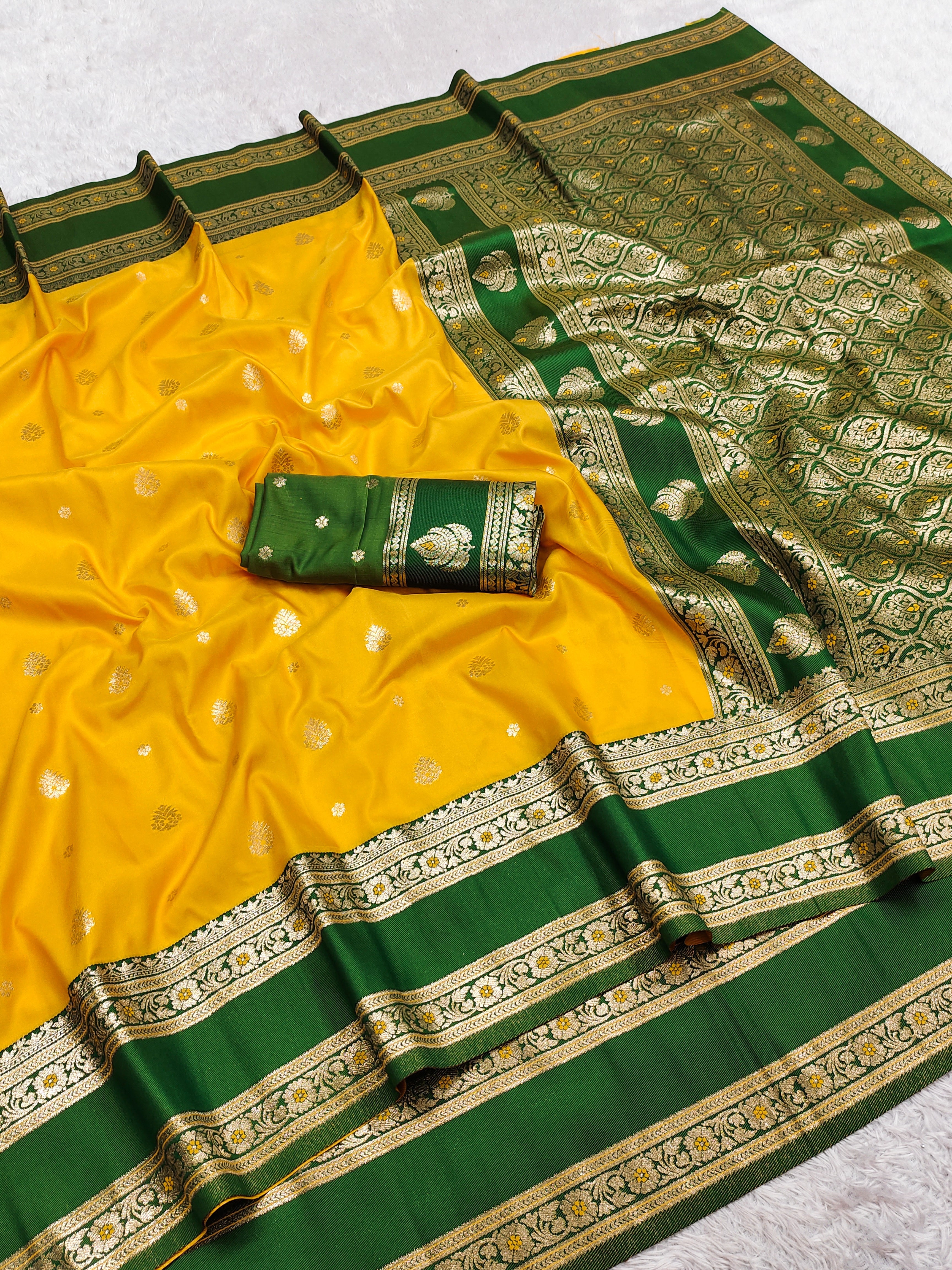 Mustard Yellow Silk Saree with Bottle Green icultural Zari Border & Heavy Woven Pallu
