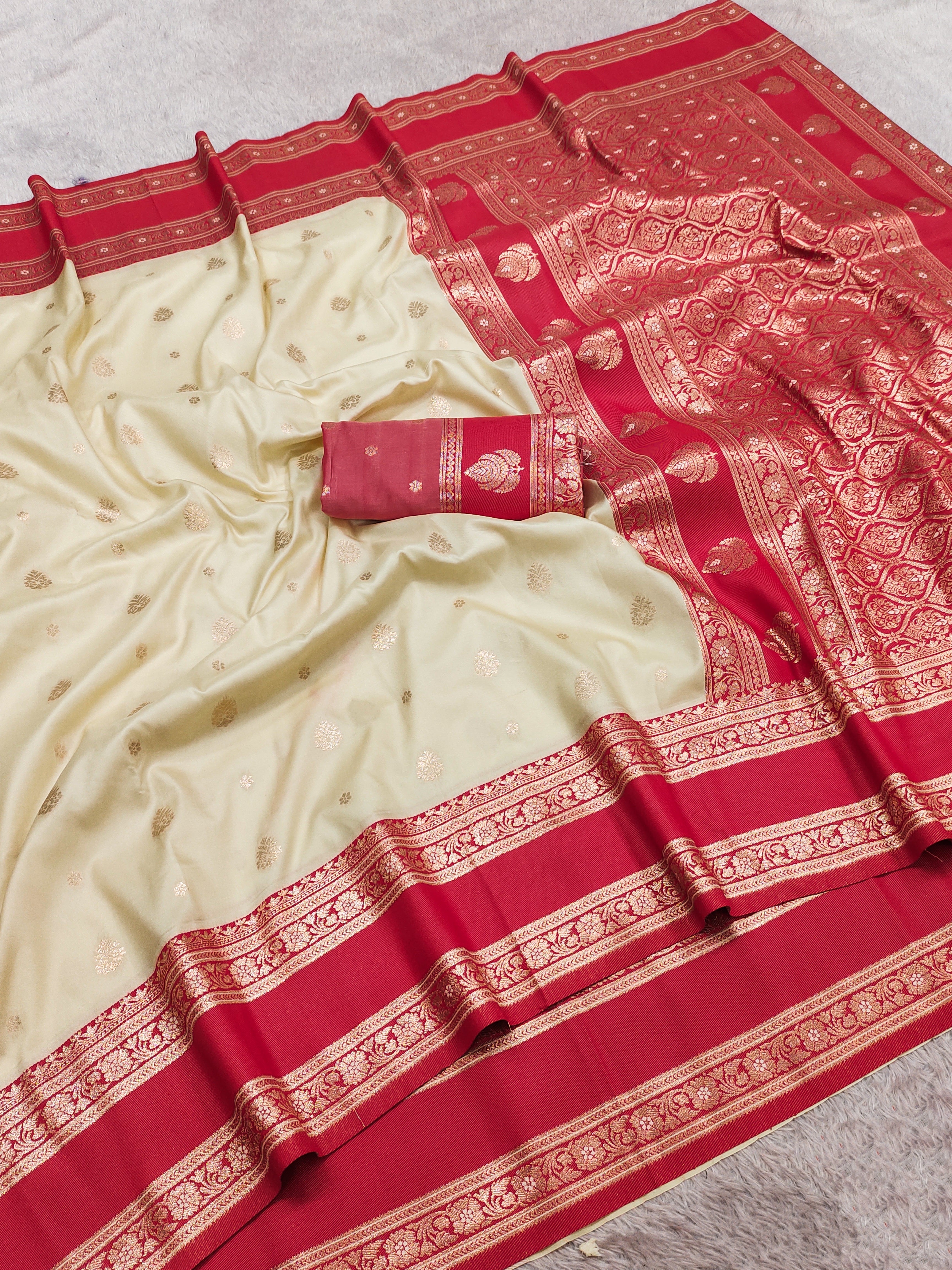 Cream Silk Saree with Rich Red icultural Zari Border & Grand Woven Pallu