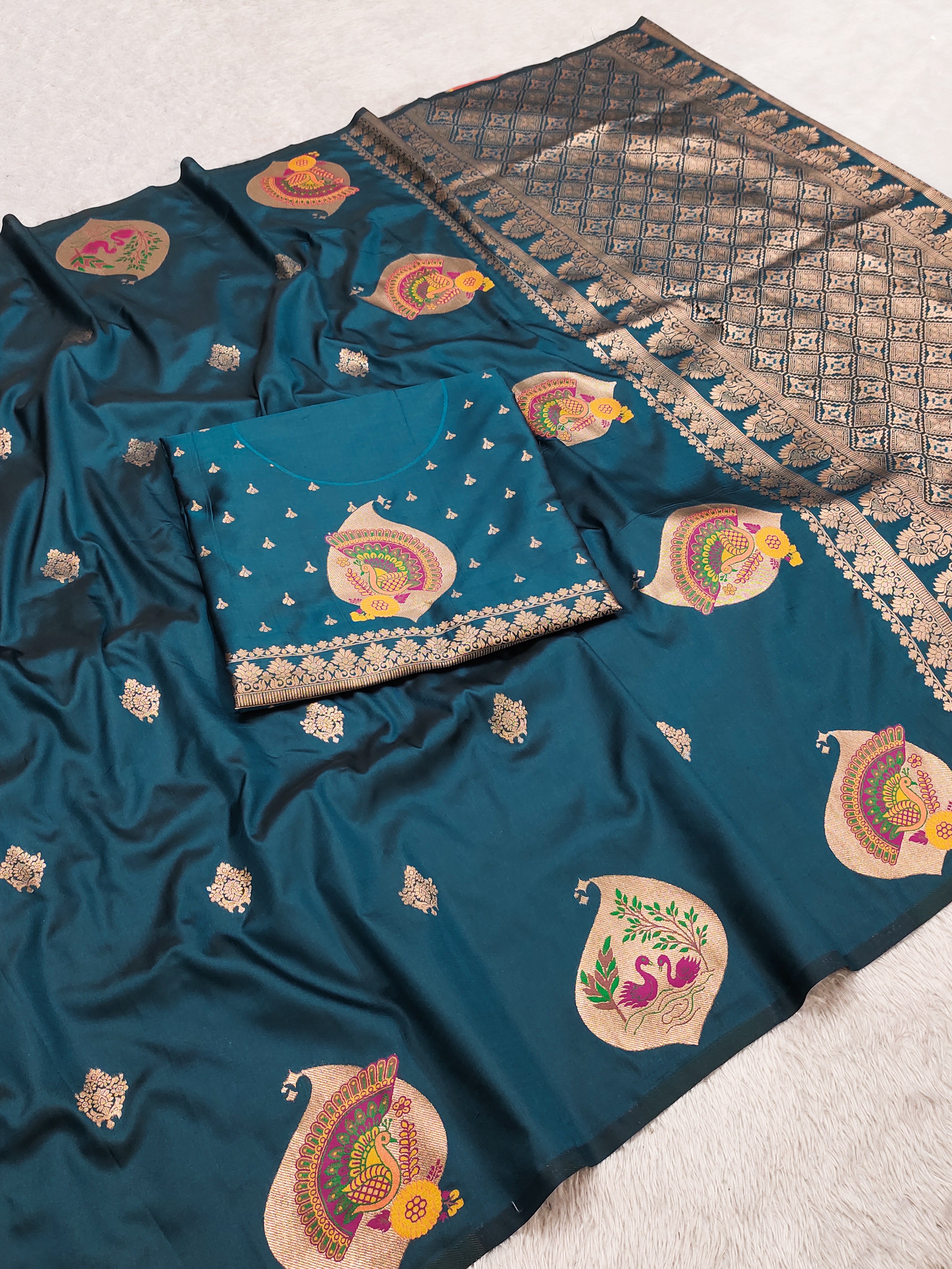 Peacock icultural Banarasi Silk Saree with Royal Peacock & Swan Motifs and icultural Zari Pallu