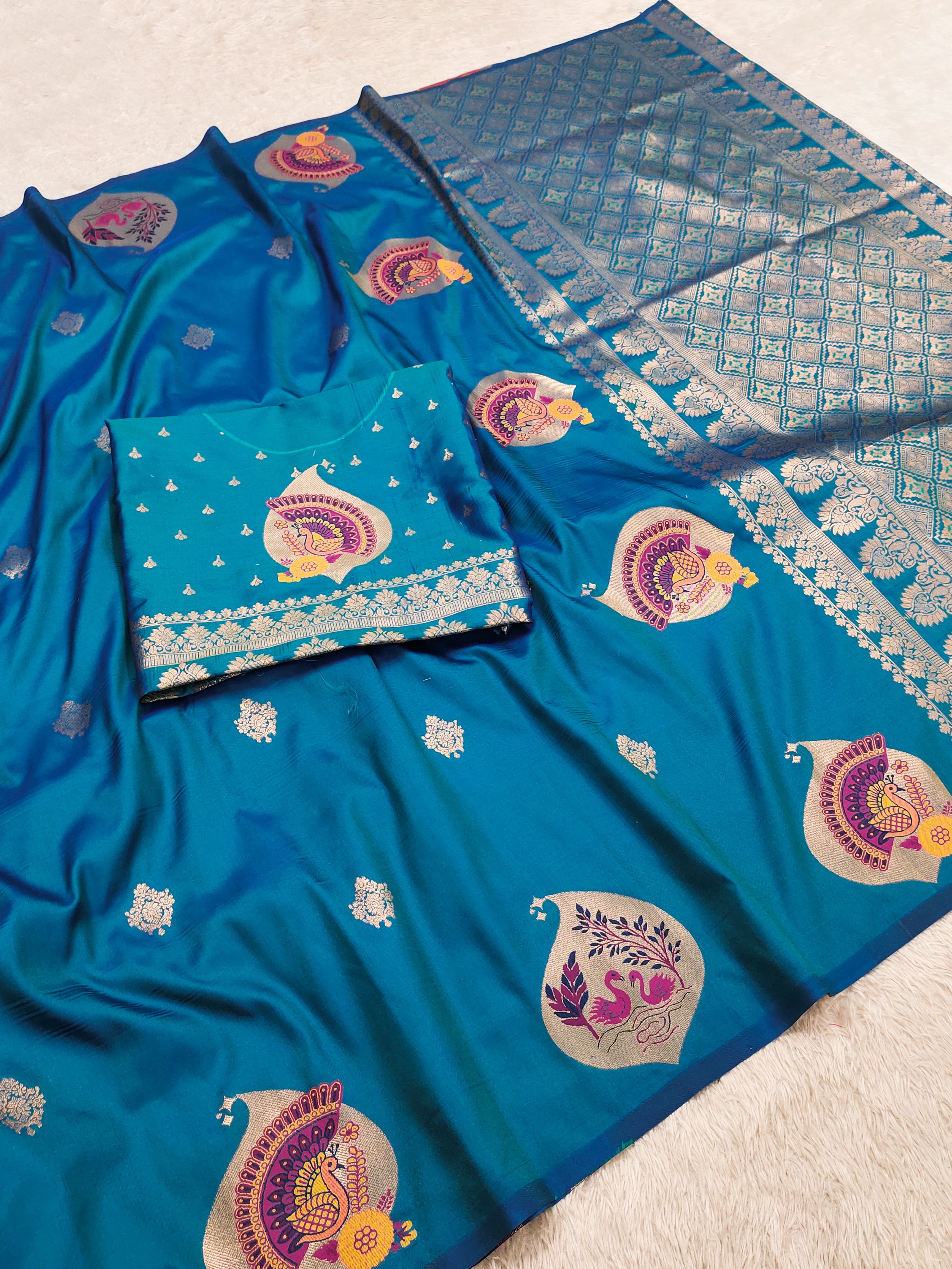 Royal icultural Blue Banarasi Silk Saree with Peacock & Kalash Motifs and icultural Silver Zari Pallu