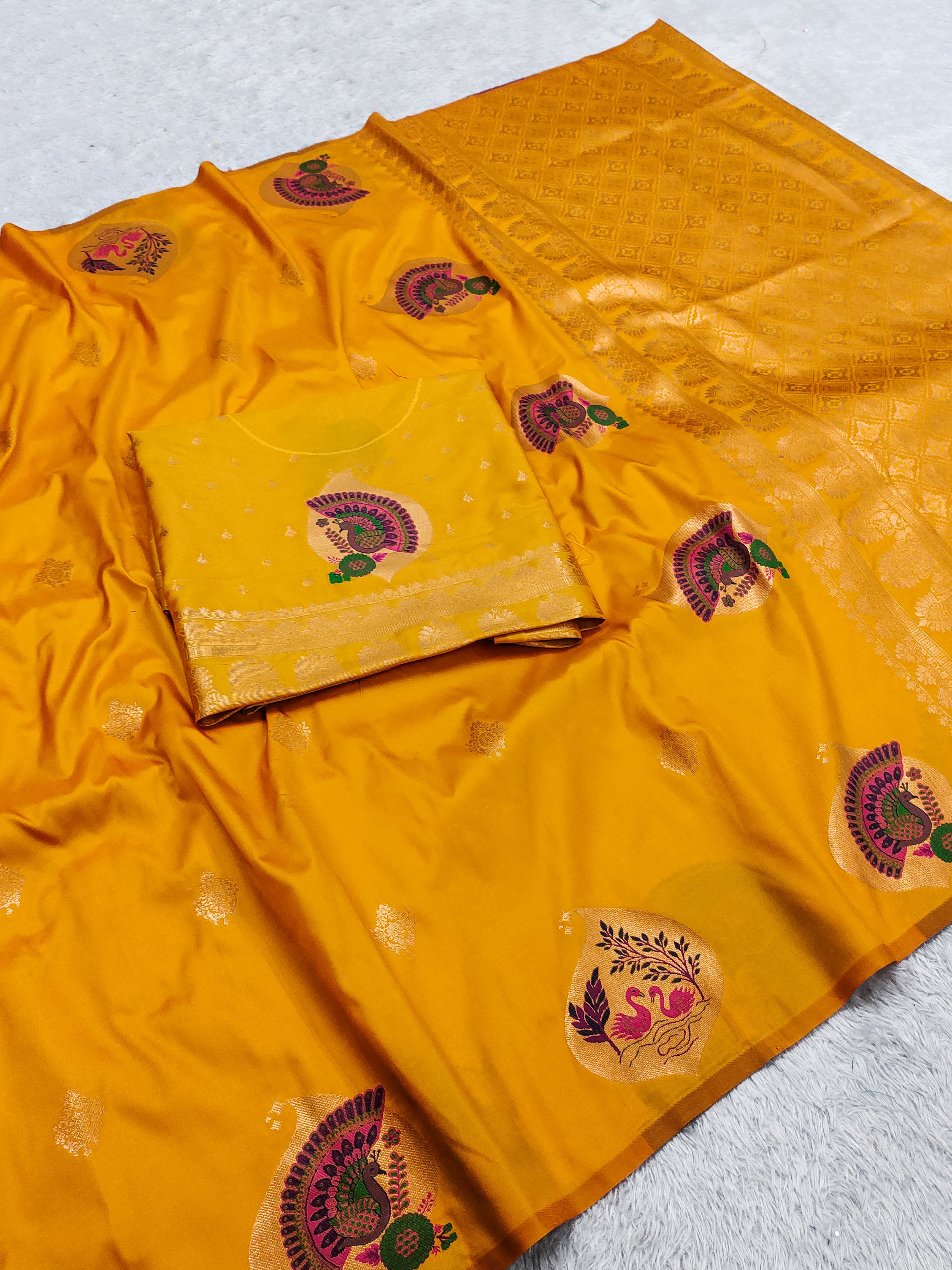 Mustard Yellow Banarasi Silk Saree with Regal Peacock Motifs and icultural Gold Zari Pallu