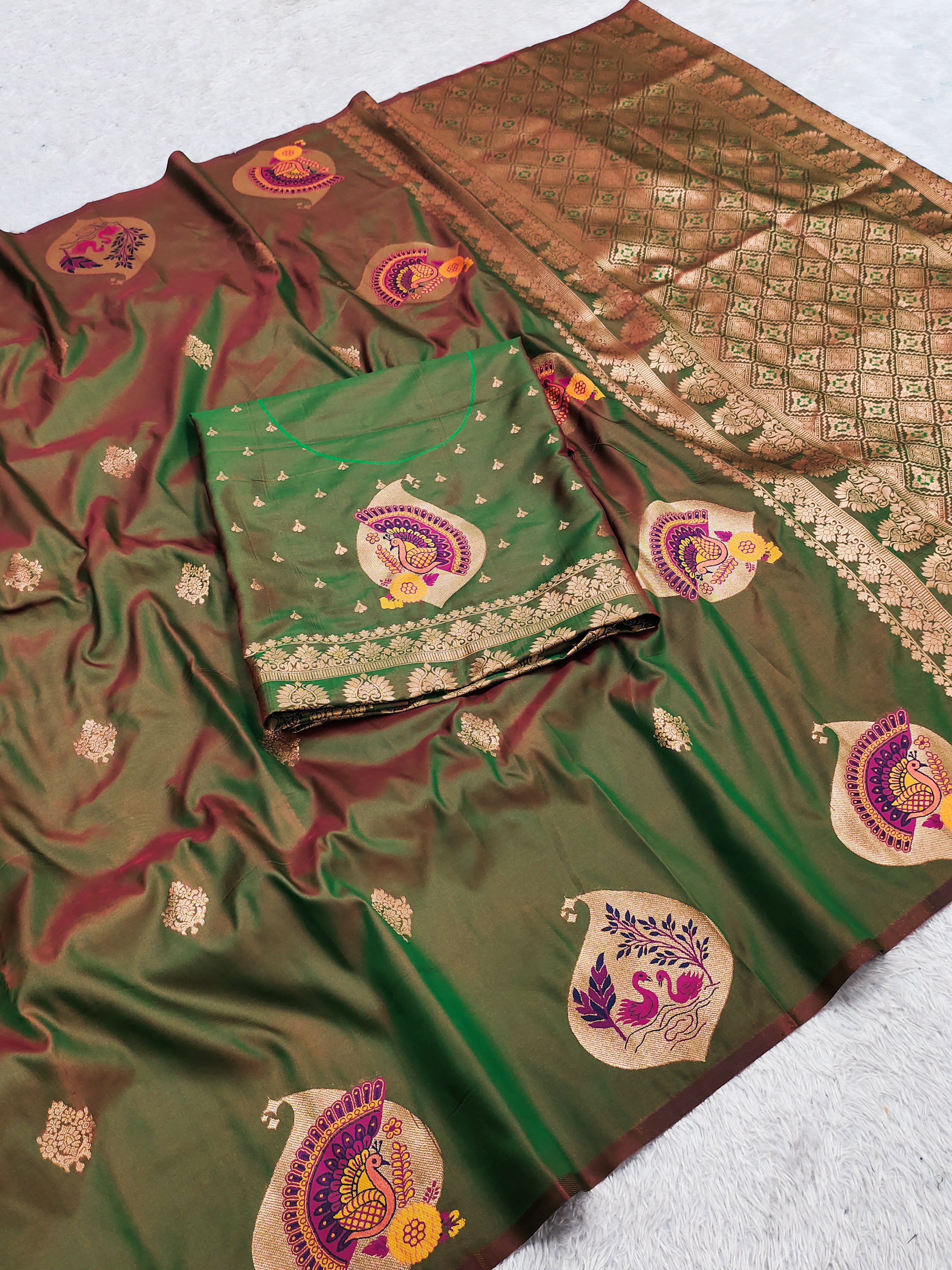 Olive Green Banarasi Silk Saree with Royal Peacock & Swan Motifs and icultural Gold Zari Pallu