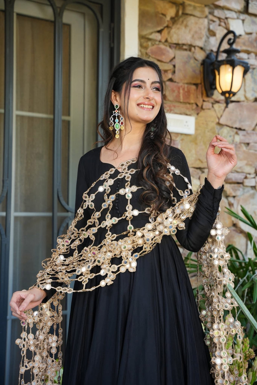 Black Kurti Pant Set with Mirror Work Dupatta