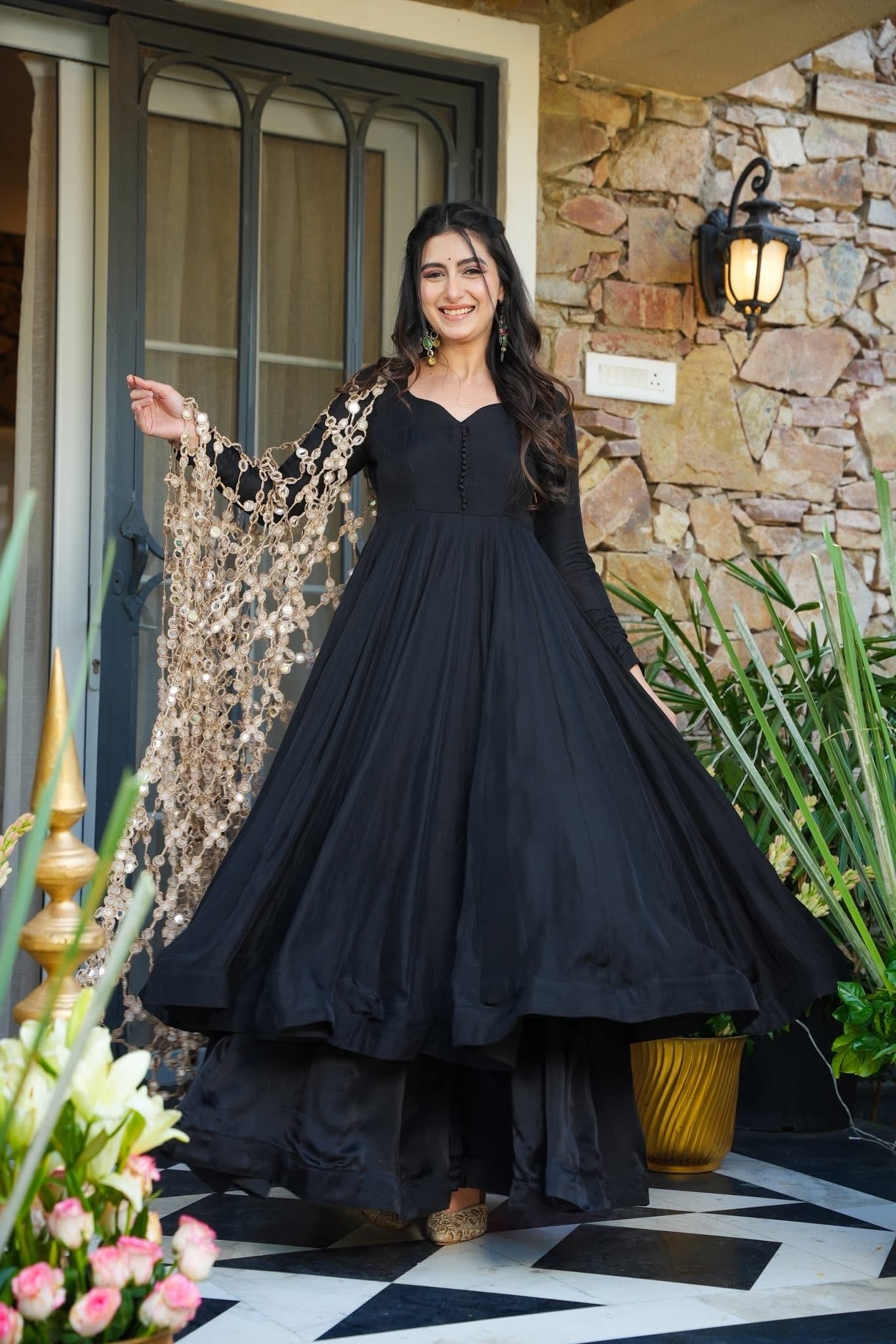 Black Kurti Pant Set with Mirror Work Dupatta
