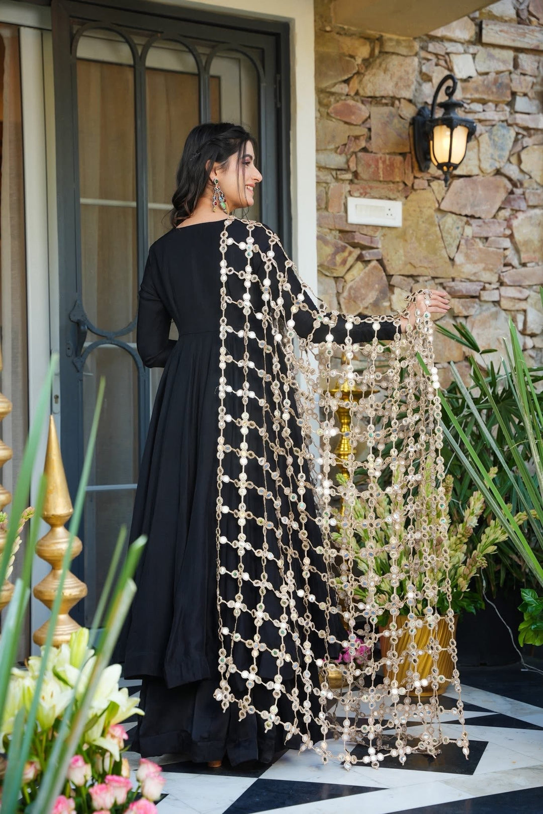 Black Kurti Pant Set with Mirror Work Dupatta