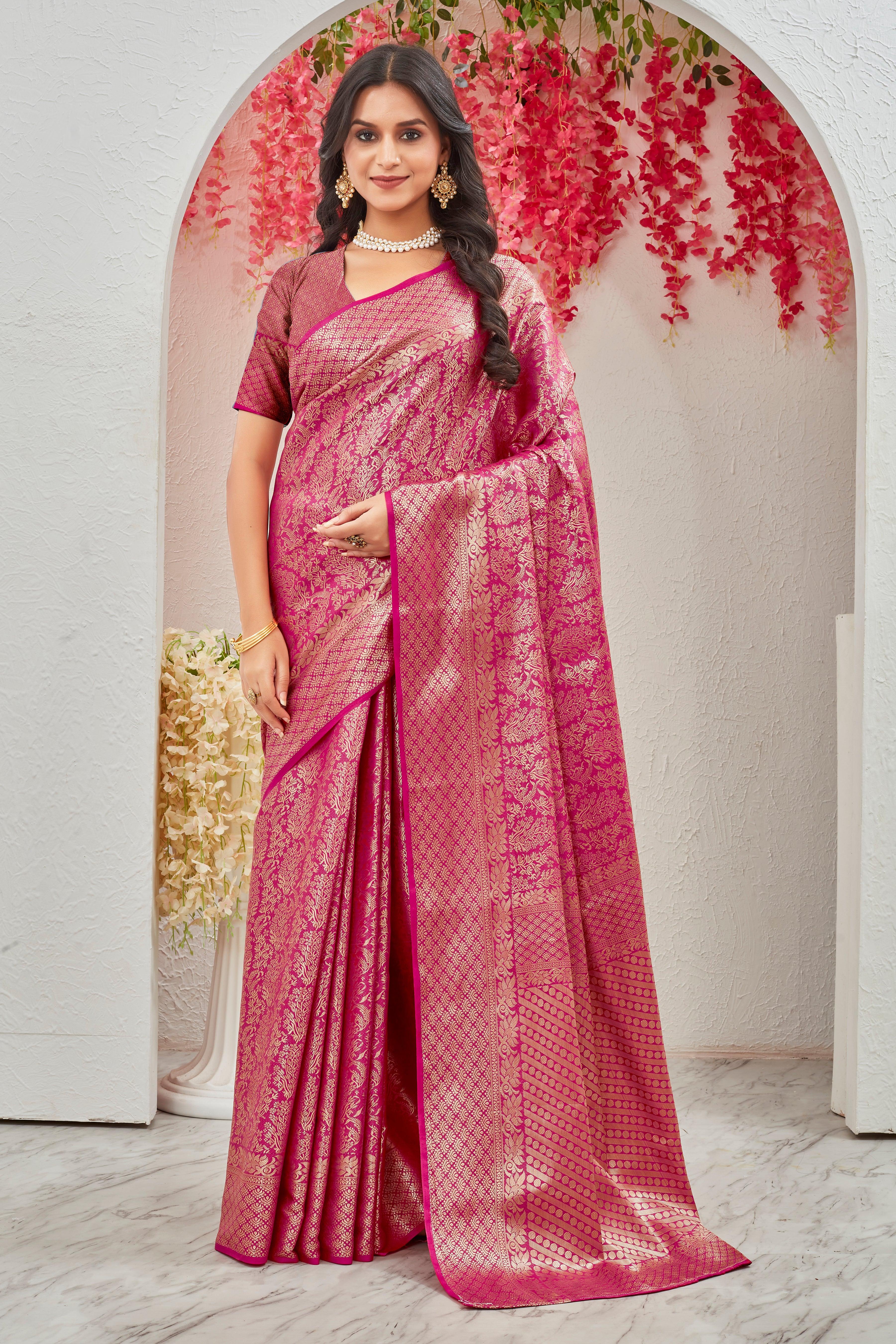 Blushing Elegance: Pure Brocade Mysore Silk by Icultuers in Pink Steal the Spotlight