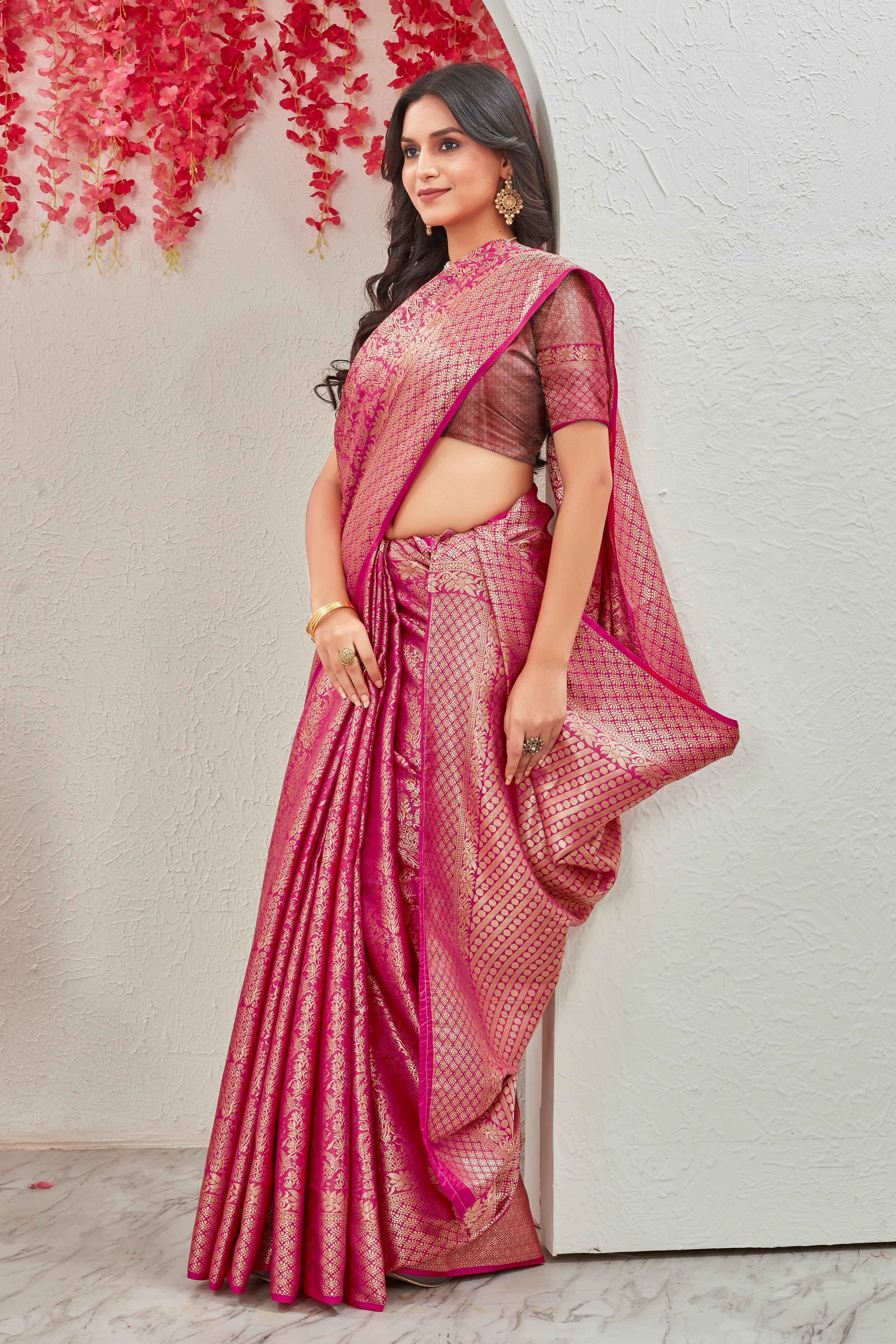 Blushing Elegance: Pure Brocade Mysore Silk by Icultuers in Pink Steal the Spotlight
