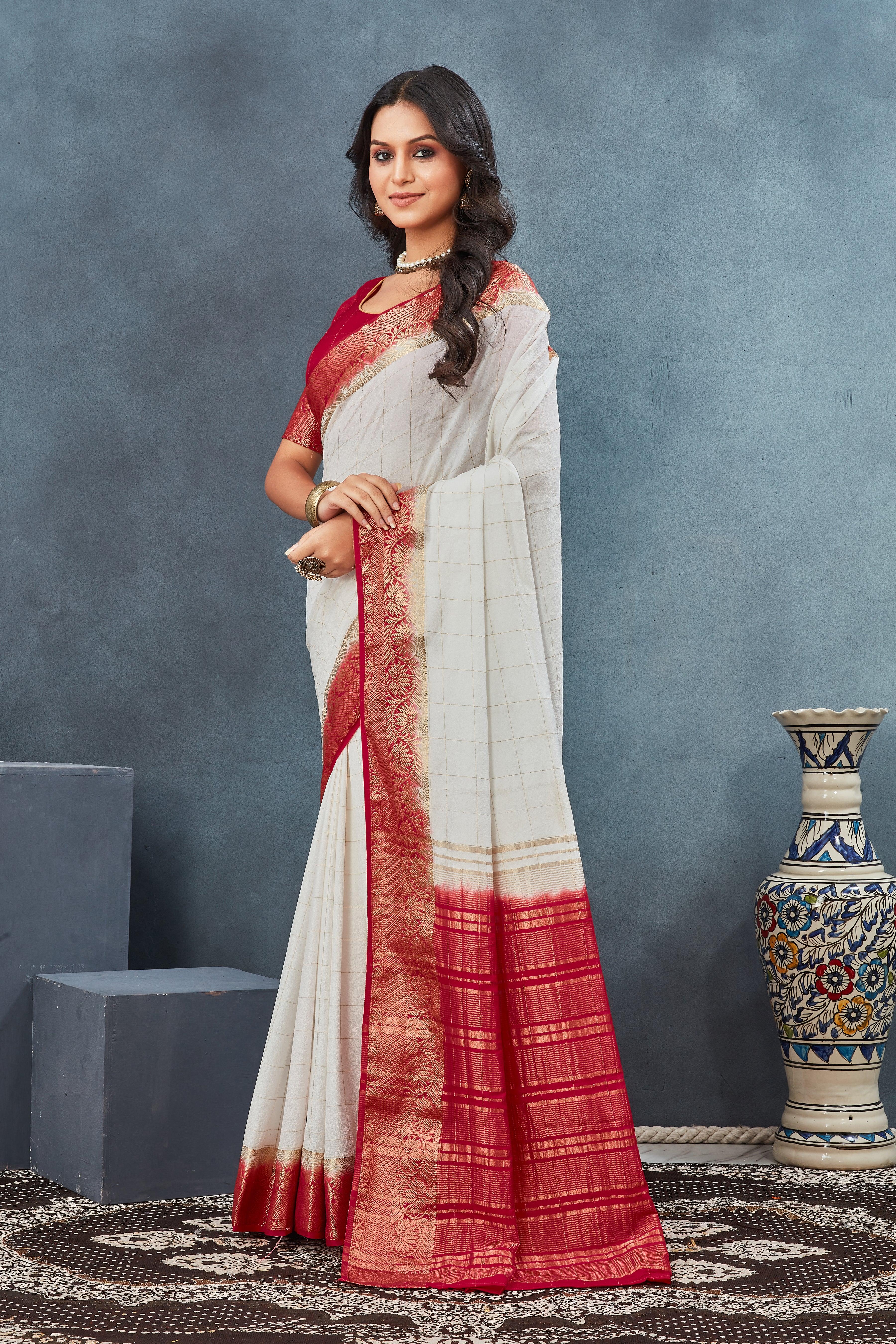 Exclusive White and Red Mysore Crepe Soft  Silk Sarees