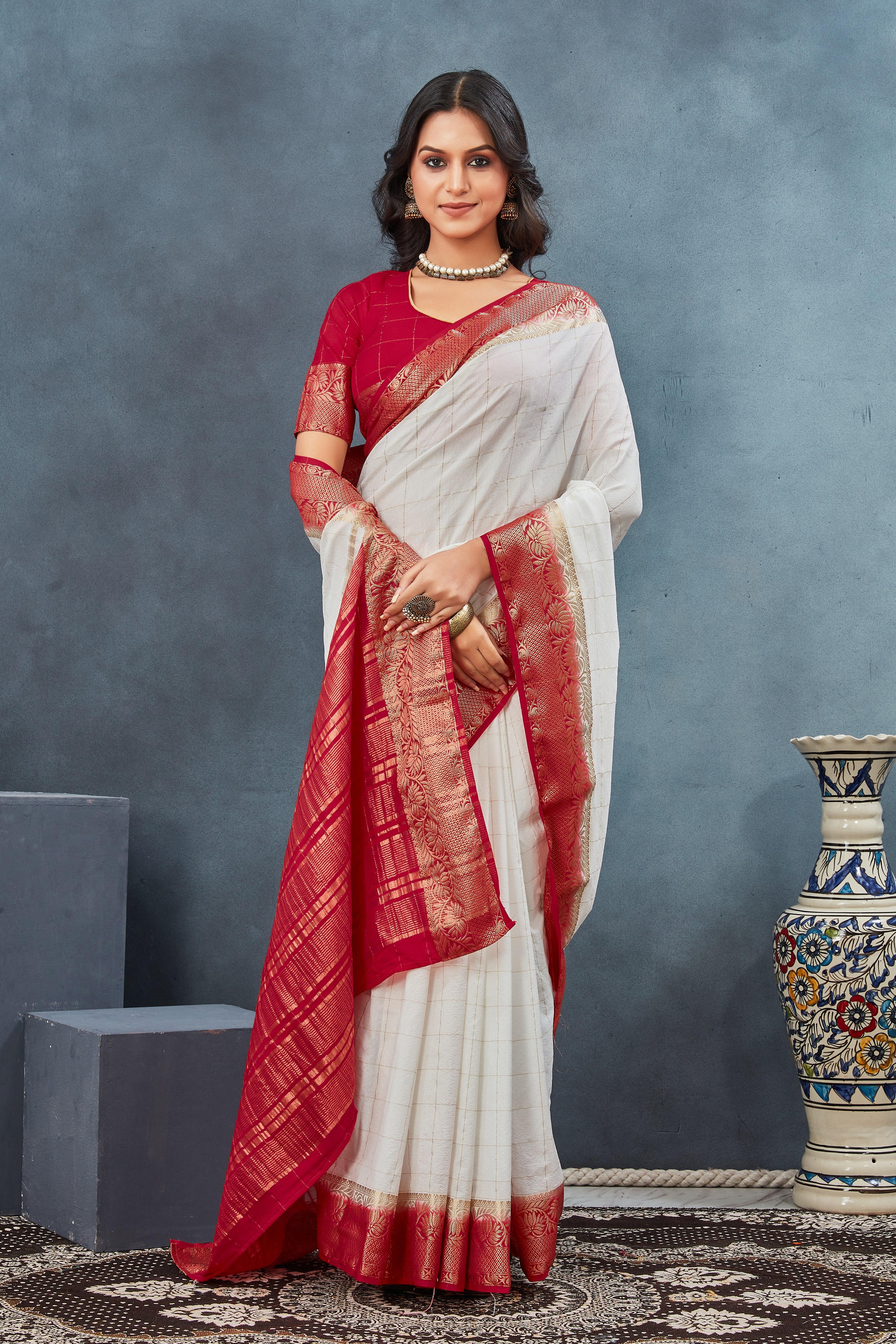 EXCLUSIVE  WHITE AND RED BORDER SOFT SILK SAREES