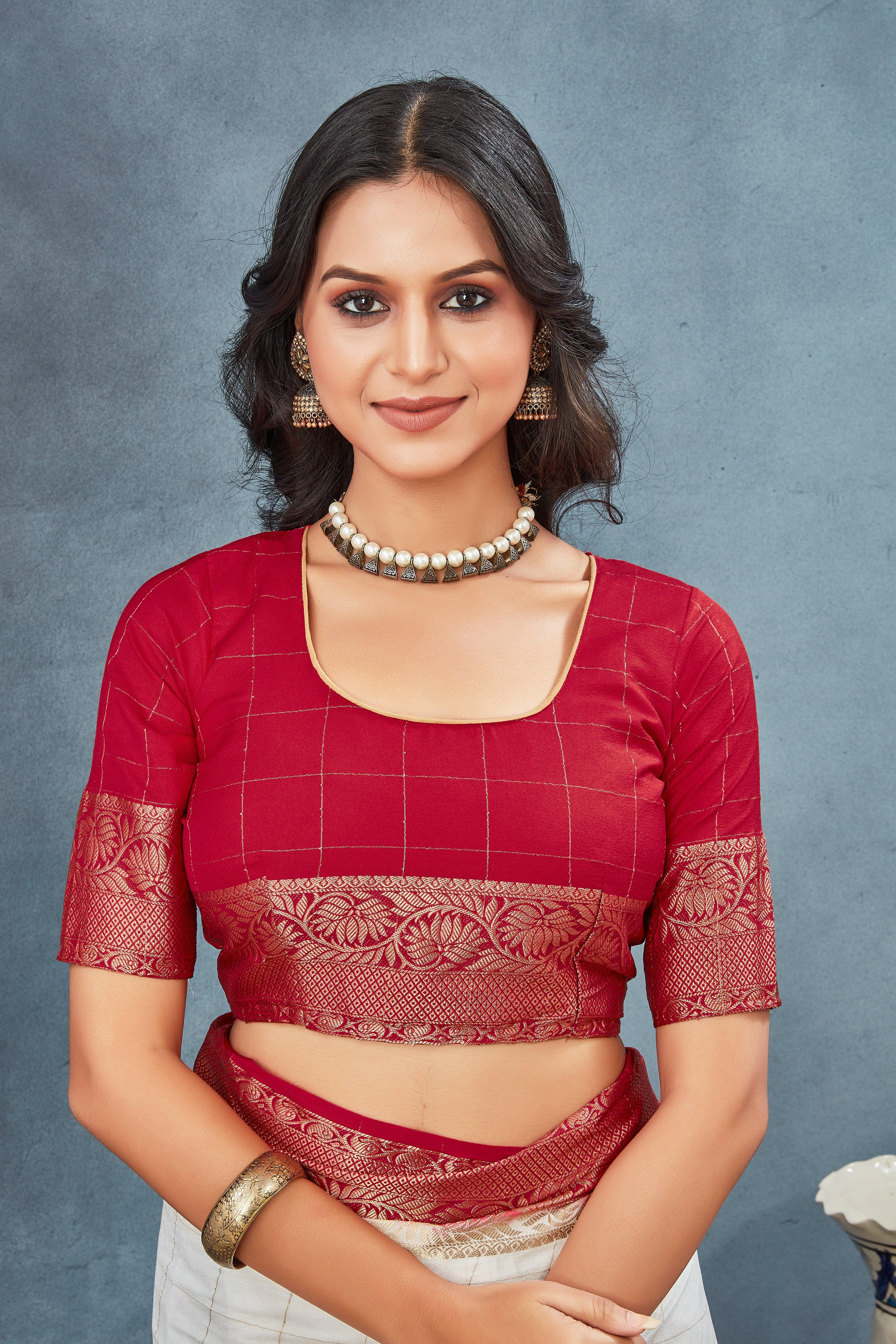 Exclusive White and Red Mysore Crepe Soft  Silk Sarees