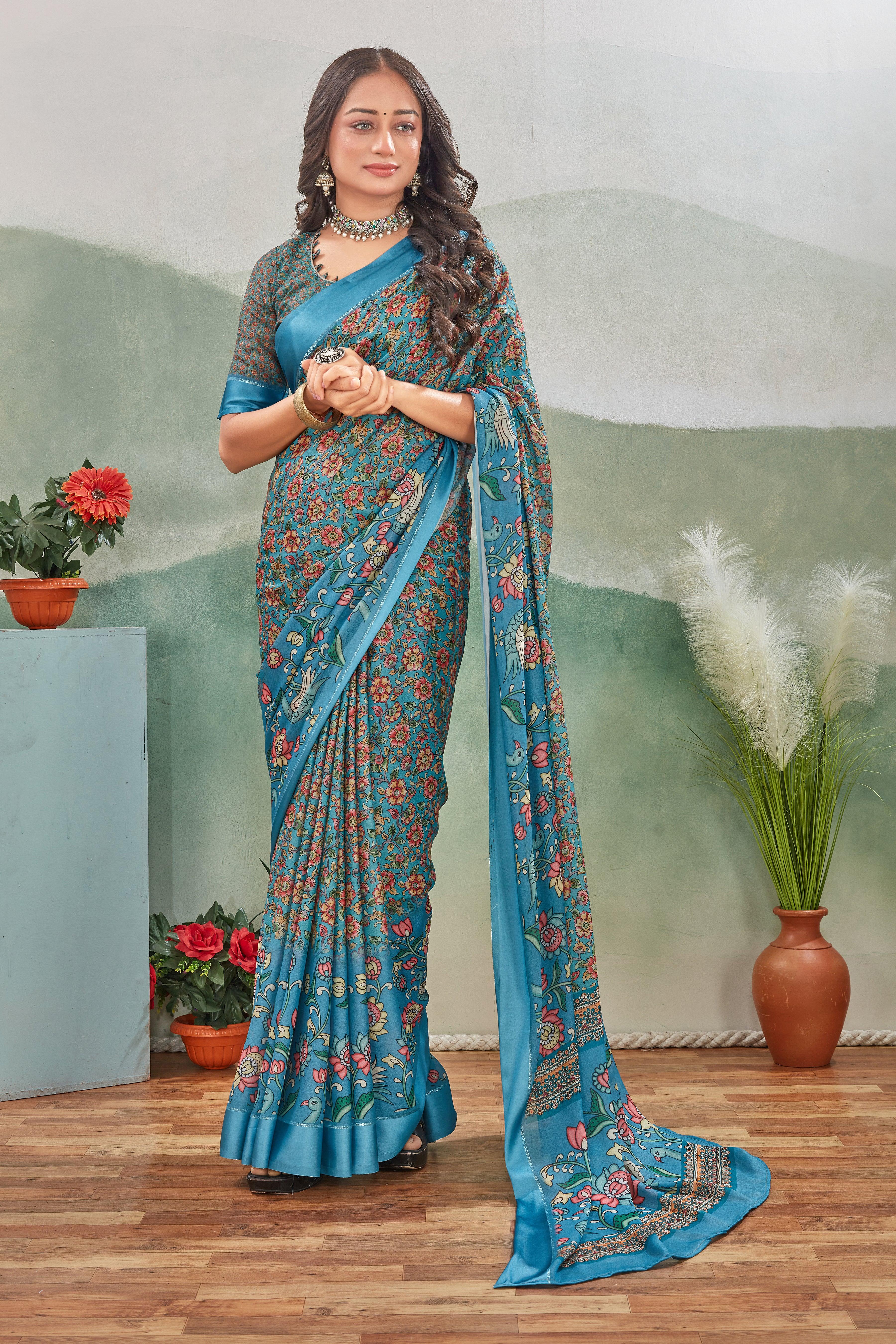 Elegance Redefined: Viscose Satin Border Mysore Silk with Exquisite Kalamkari Prints