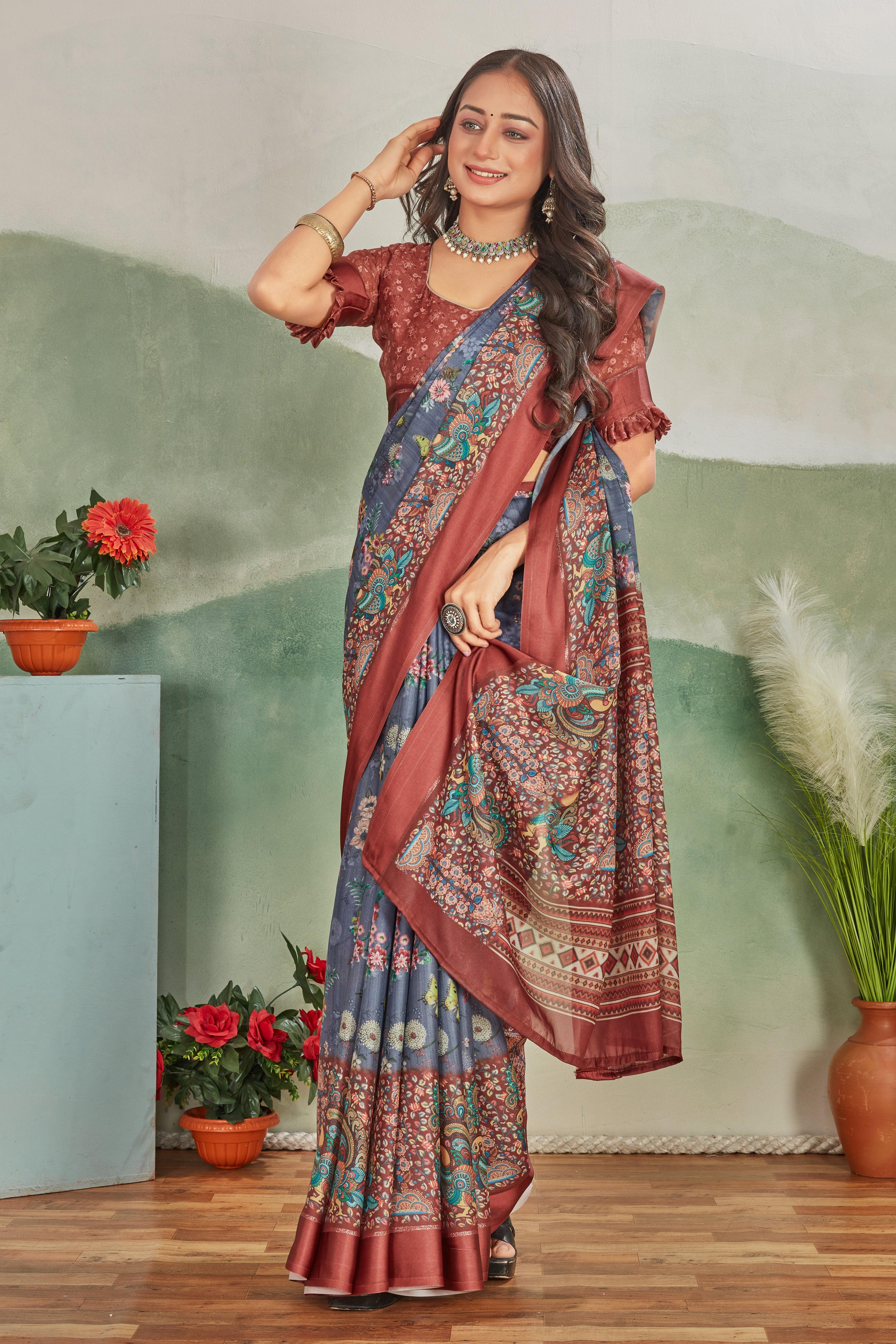 Glamour and Tradition: Viscose Satin Borders & Matching Blouse on Crepe Silk