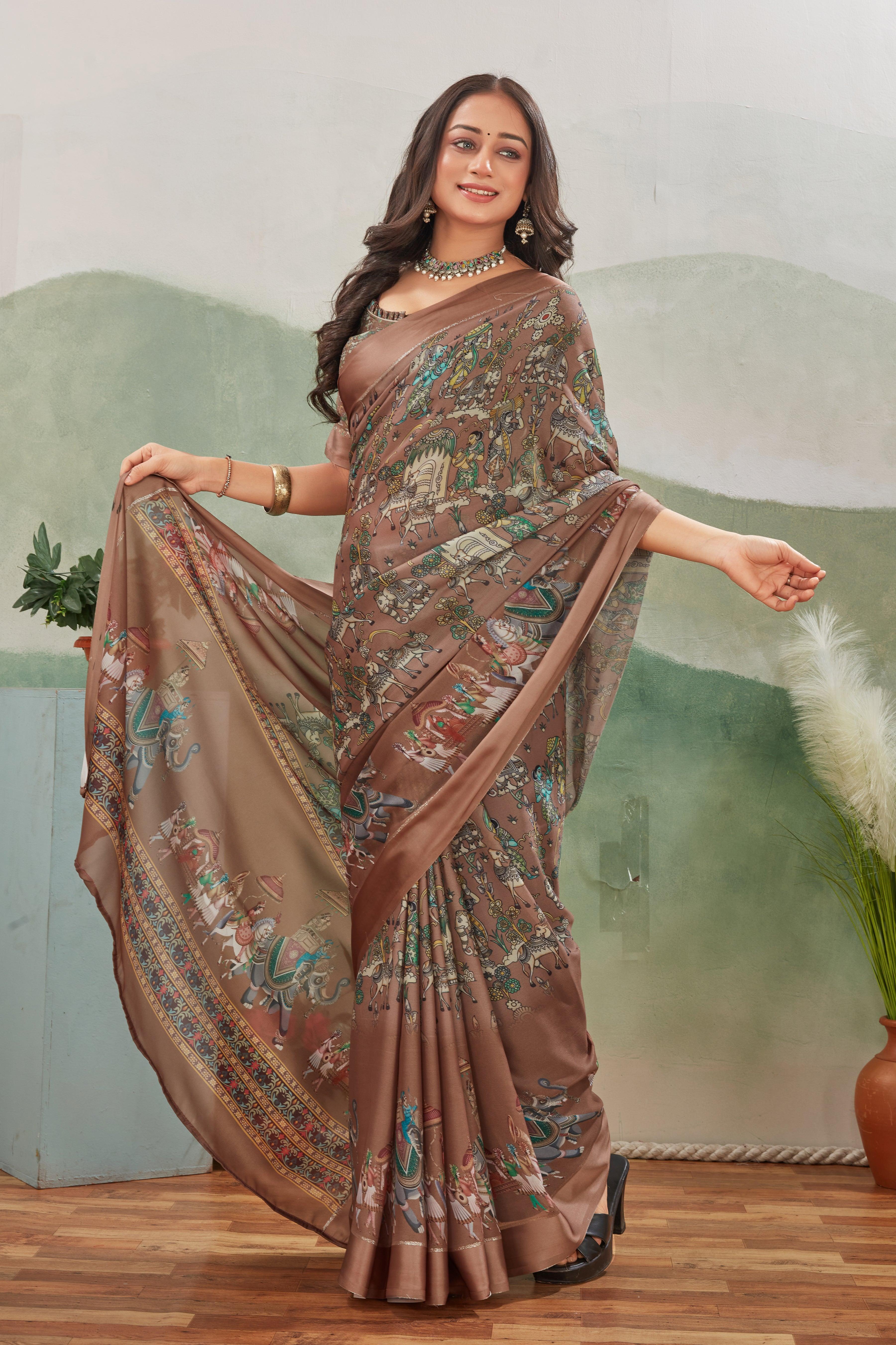 Classic Craftsmanship: Kalamkari Prints on Viscose Satin Border Silk