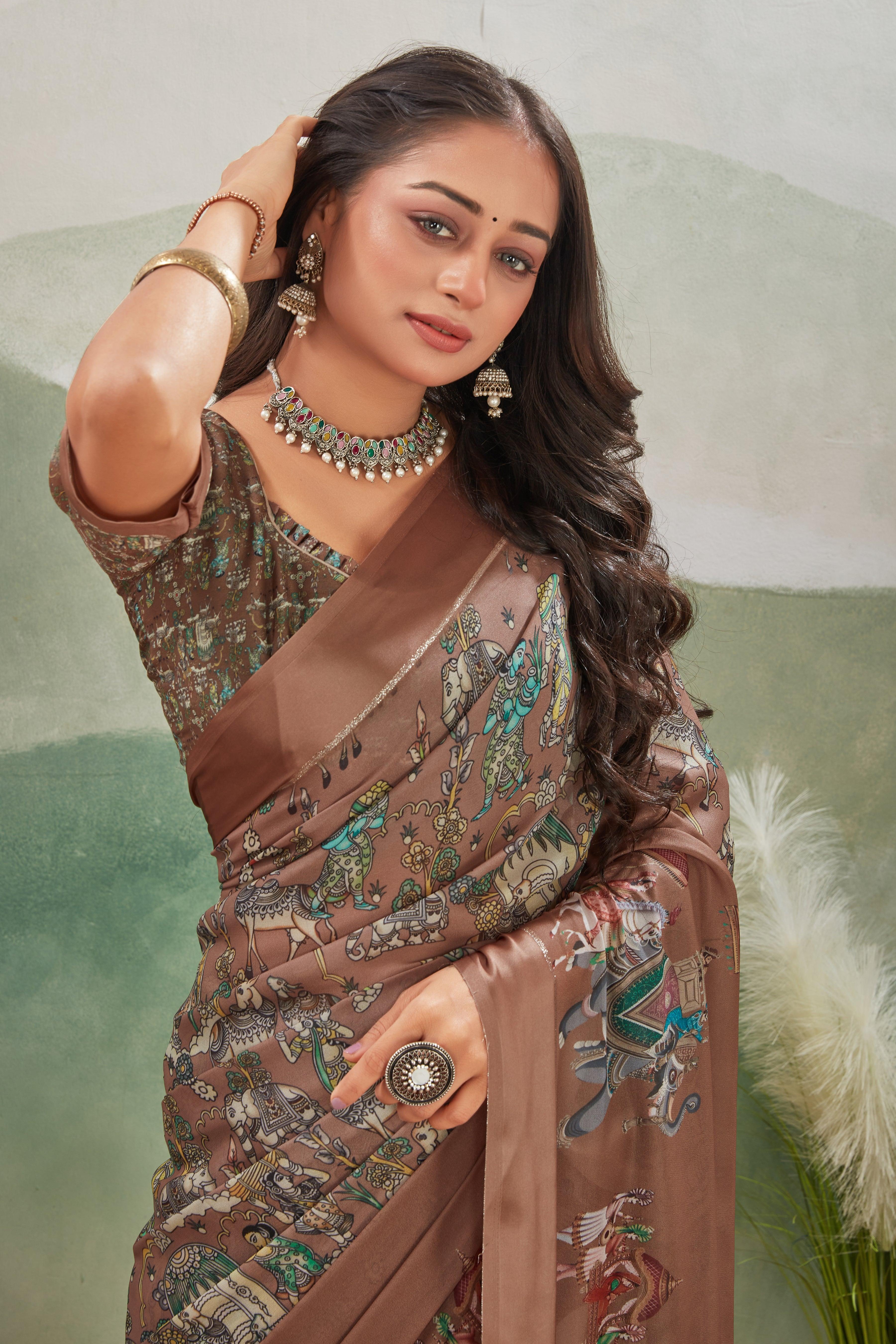 Classic Craftsmanship: Kalamkari Prints on Viscose Satin Border Silk