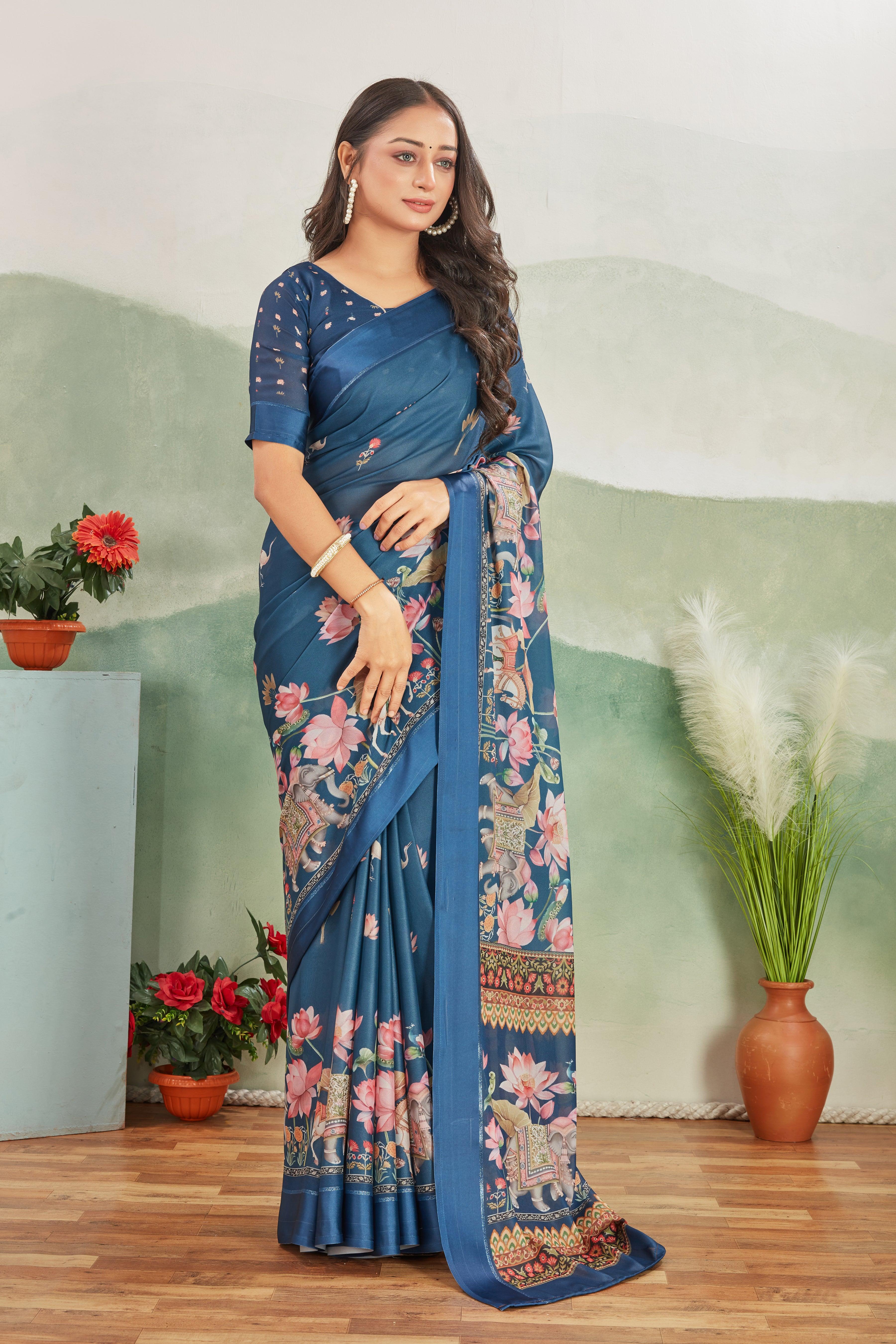 Art Meets Elegance: Kalamkari Prints and Viscose Satin Borders on Crepe Silk