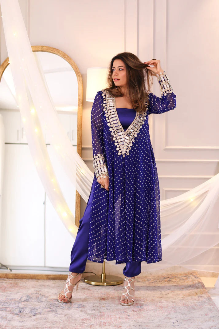 Blue Mirror work kurta palazzo set with dupatta
