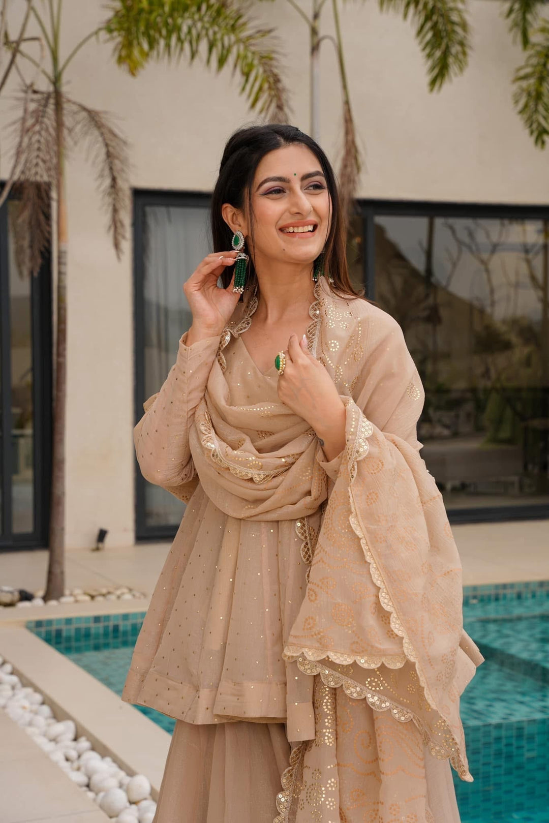 Cream Embroidered Organza Silk Salwar Kameez Set with Dupatta