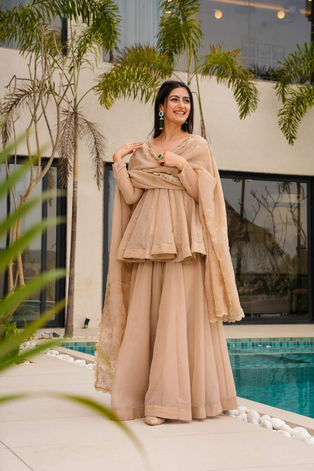 Cream Embroidered Organza Silk Salwar Kameez Set with Dupatta