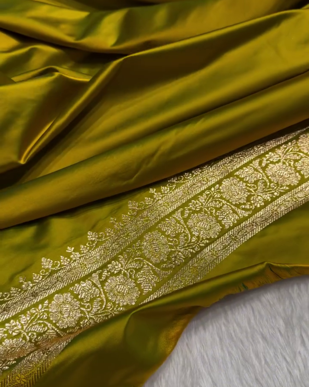 Green Banarasi Katan Satin Silk Saree with Golden Zari Weaving