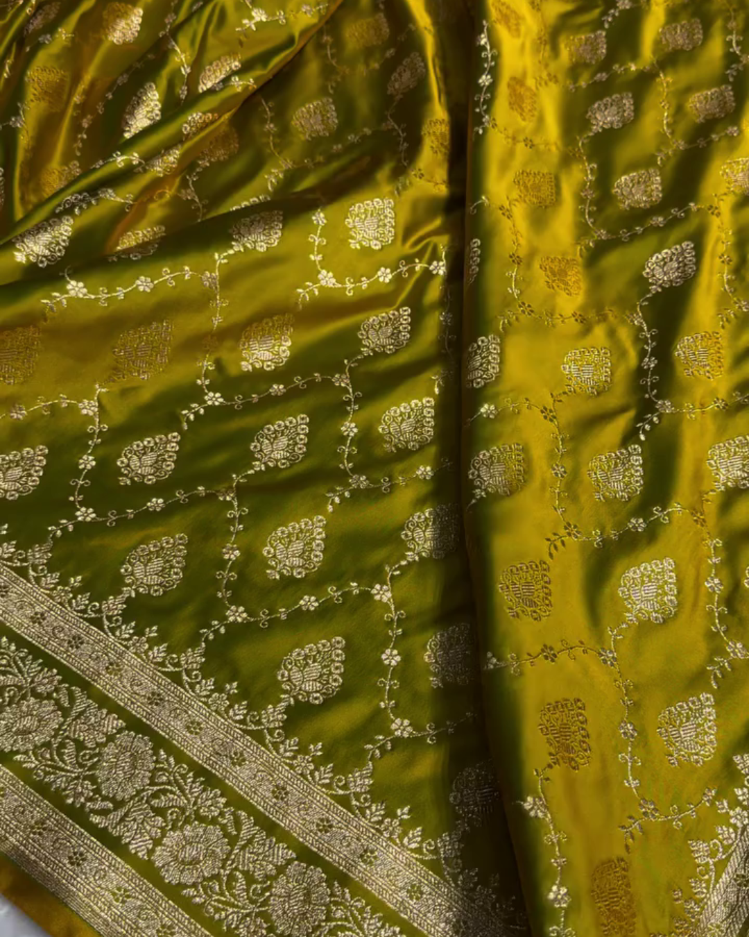 Green Banarasi Katan Satin Silk Saree with Golden Zari Weaving