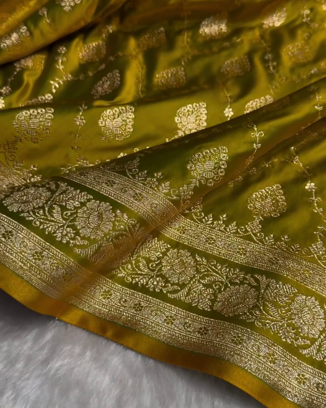 Green Banarasi Katan Satin Silk Saree with Golden Zari Weaving