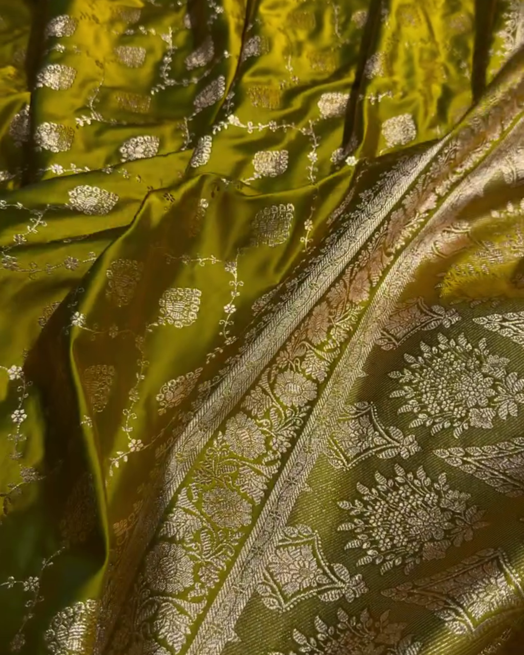 Green Banarasi Katan Satin Silk Saree with Golden Zari Weaving