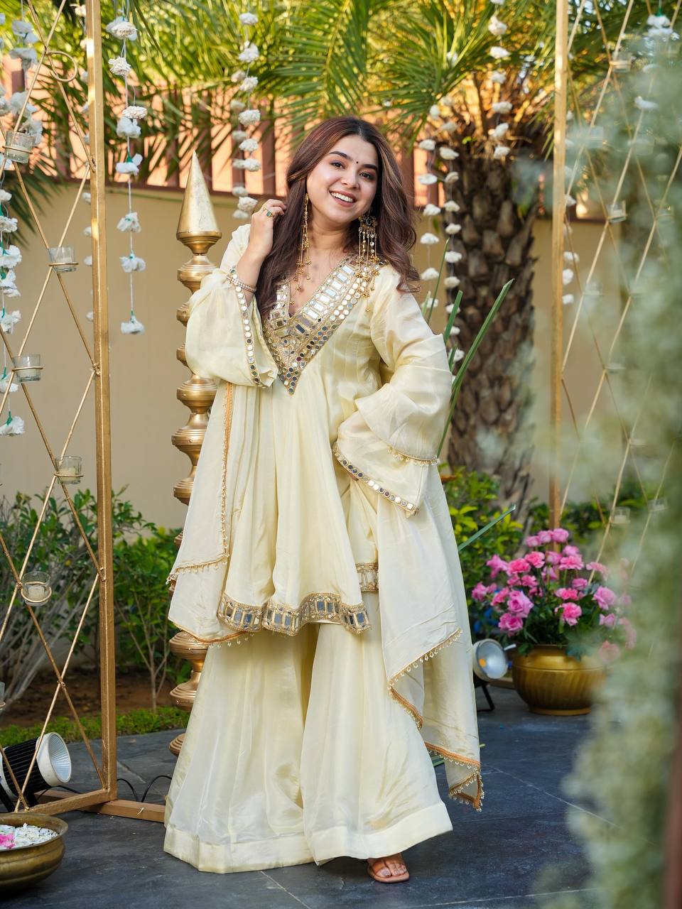 Cream color Heavy Mirror Embellished Anarkali With Sharara & Dupatta set