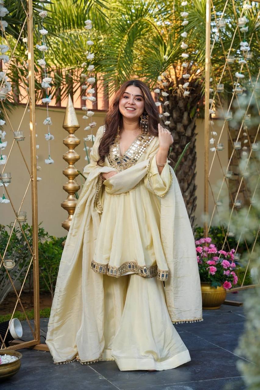 Cream color Heavy Mirror Embellished Anarkali With Sharara & Dupatta set