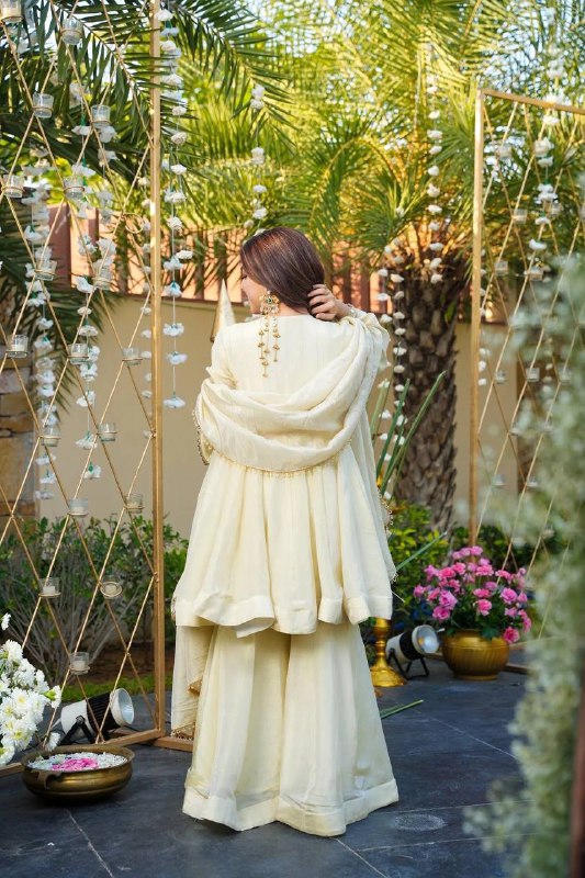 Cream color Heavy Mirror Embellished Anarkali With Sharara & Dupatta set