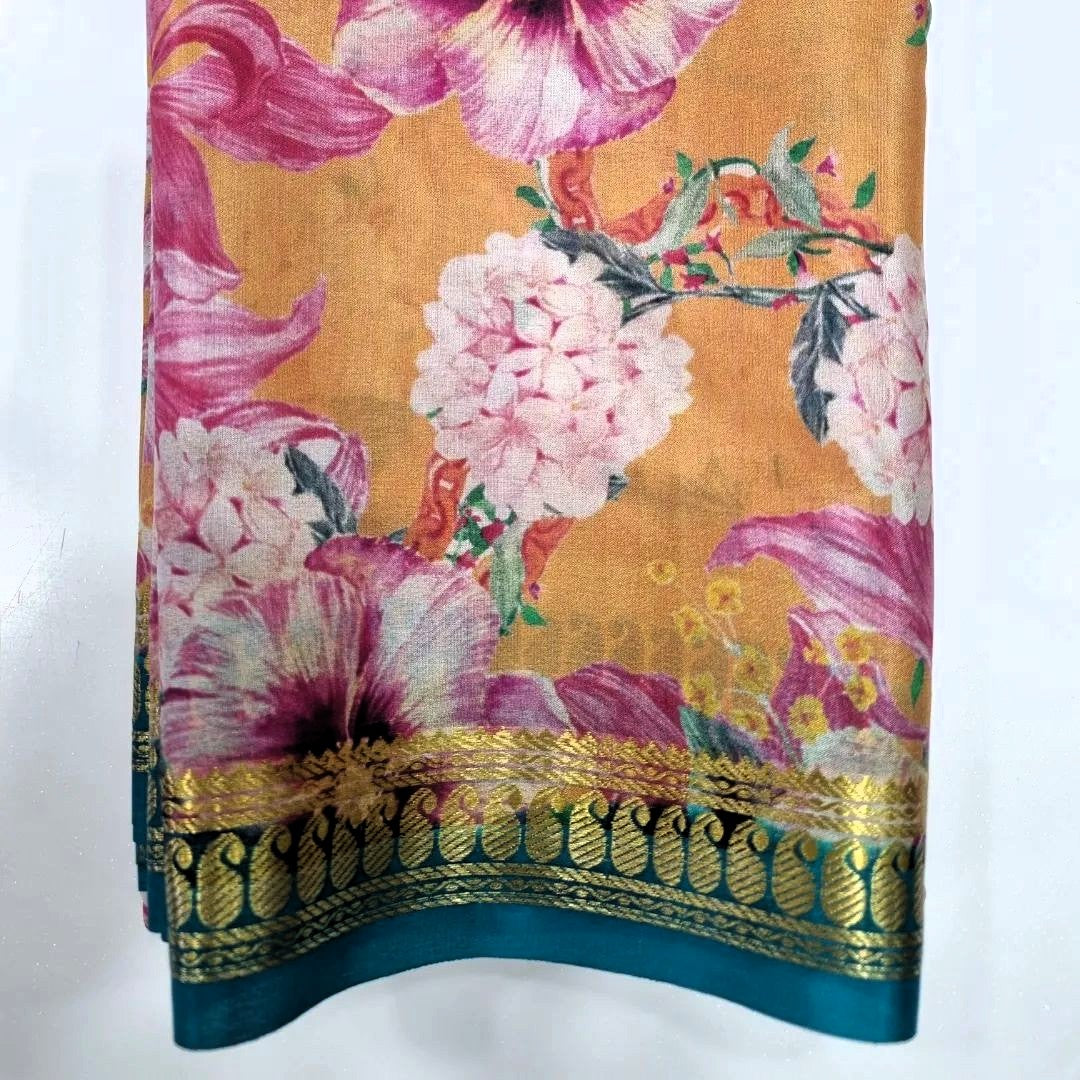 Authentic Kalamkari Art Print Saree with Lustrous Zari Border