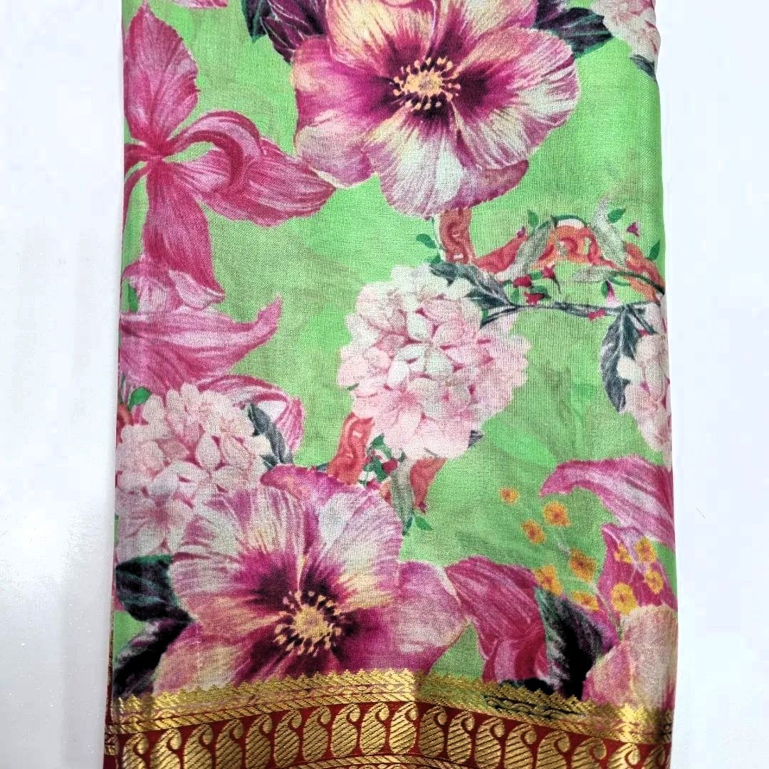 Authentic Kalamkari Art Print Saree with Lustrous Zari Border