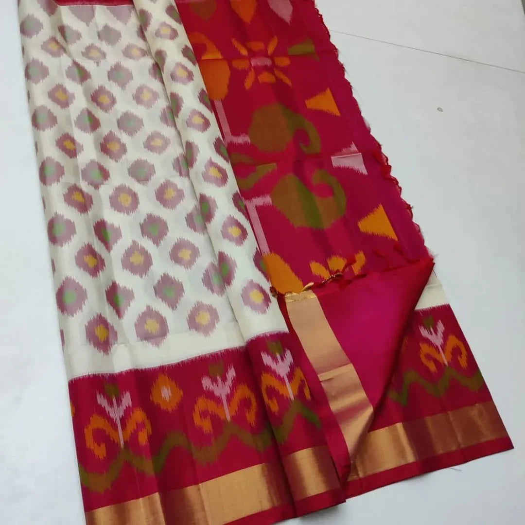White & Red ikkat Printed Handloom Soft Silk by Icultuer