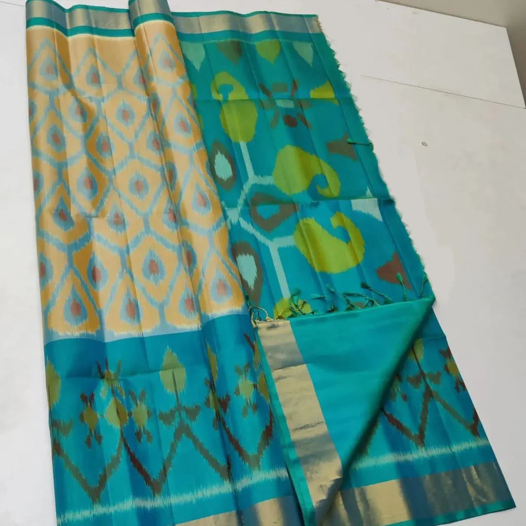 White & Blue ikkat Printed Handloom Soft Silk by Icultuer