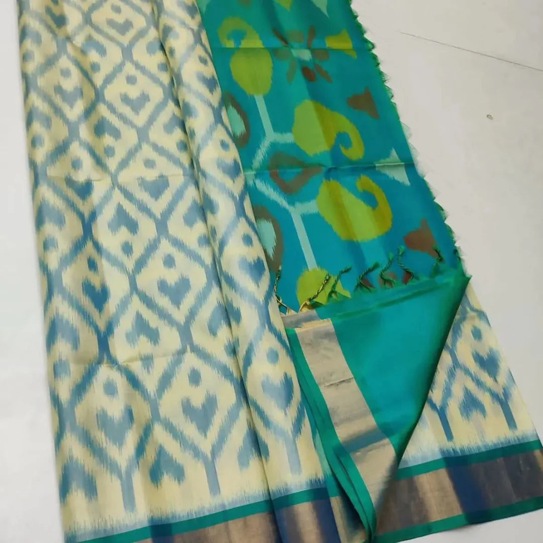 White & Blue ikkat Printed Handloom Soft Silk by Icultuer