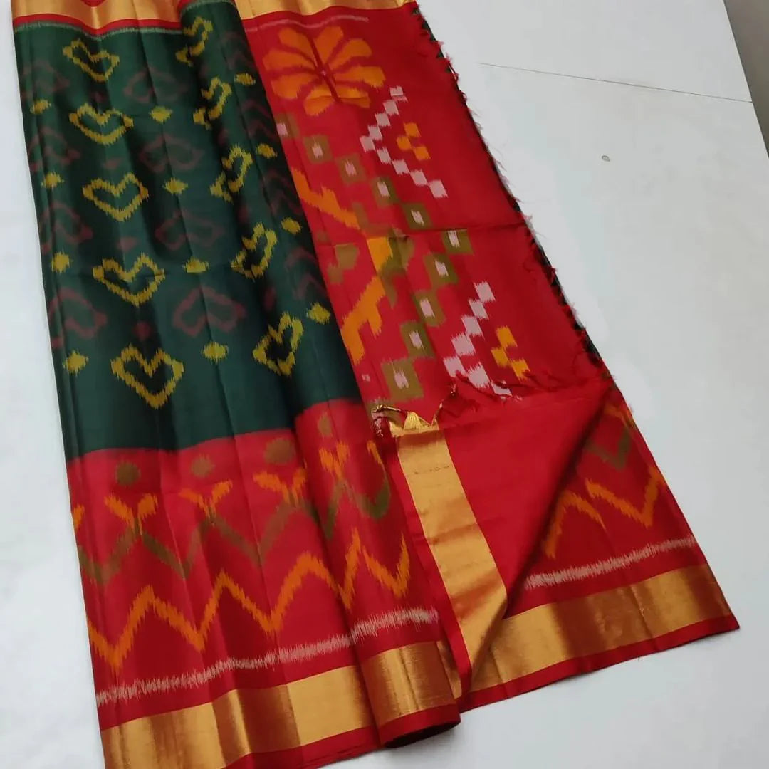 Green & Red ikkat Printed Handloom Soft Silk by Icultuer